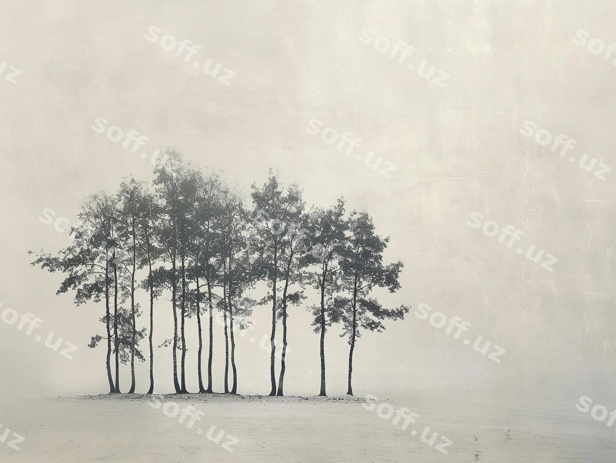 Minimalist qator daraxtlari tumanli manzara | Minimalist row trees foggy landscape
