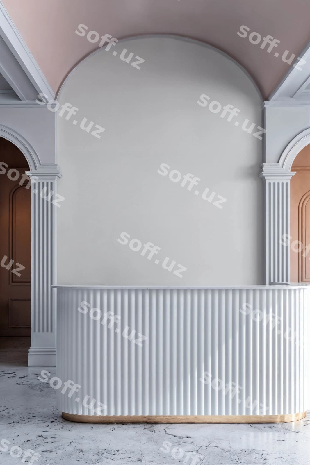 Zamonaviy germali qabul xonasi logotip namunasi | Modern fluted reception desk logo mockup