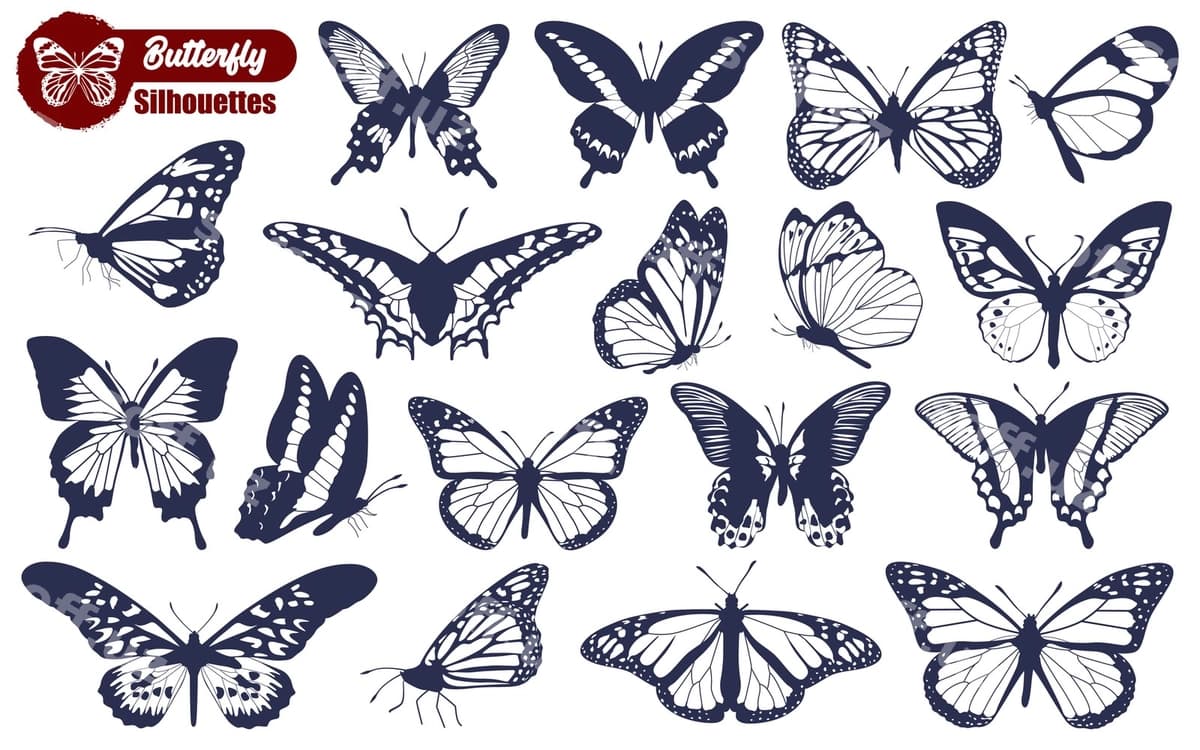 Monokrom pozilavoy siluetlari vektor | Monochrome butterfly silhouettes vector