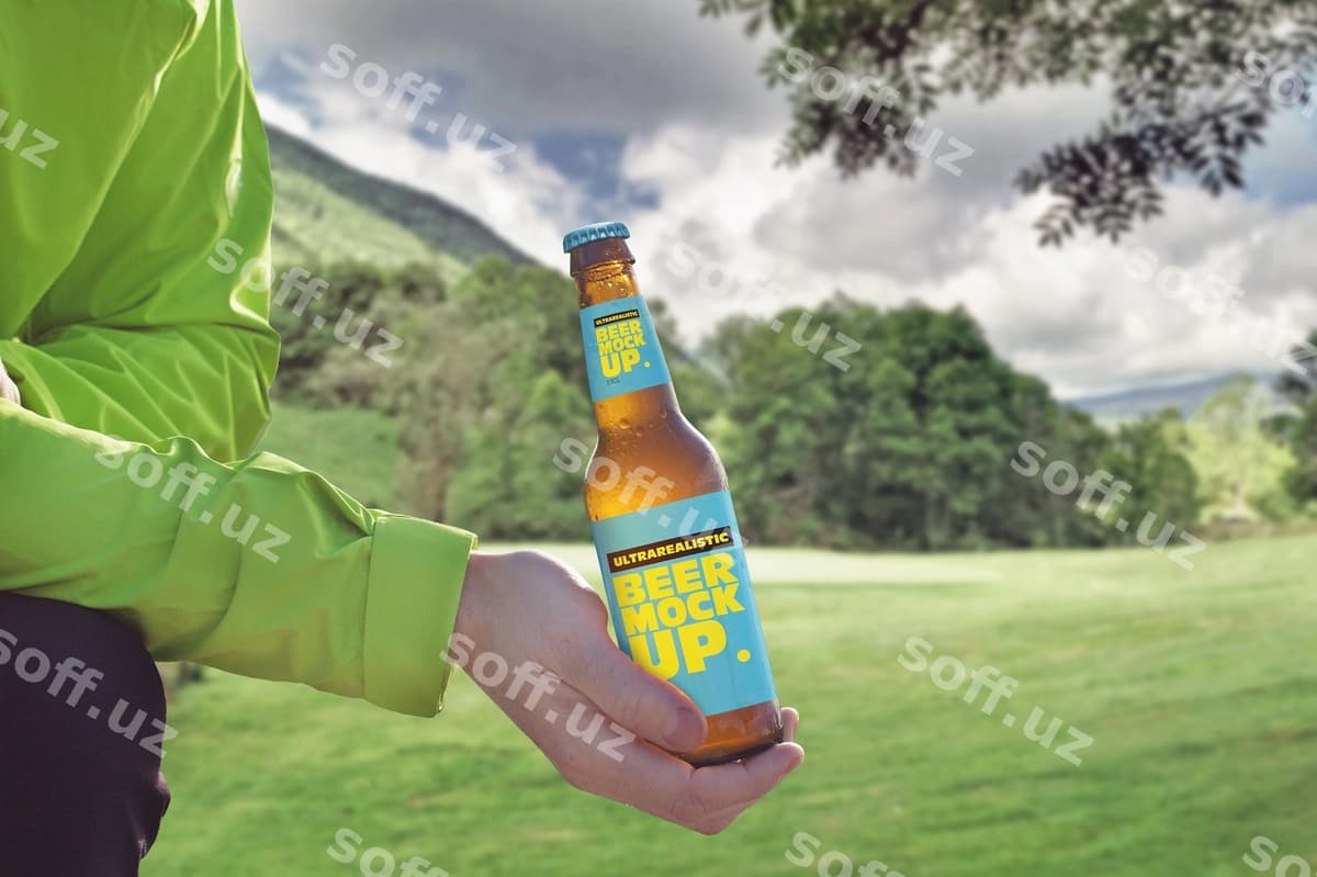 Cho'g'irma orqa fonda pivo mockup | Mountain background beer mockup