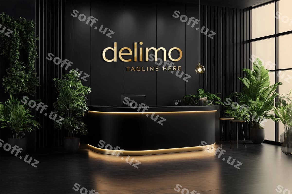 Ofis reseptsion oltin logotip namunasi | Office reception gold logo mockup