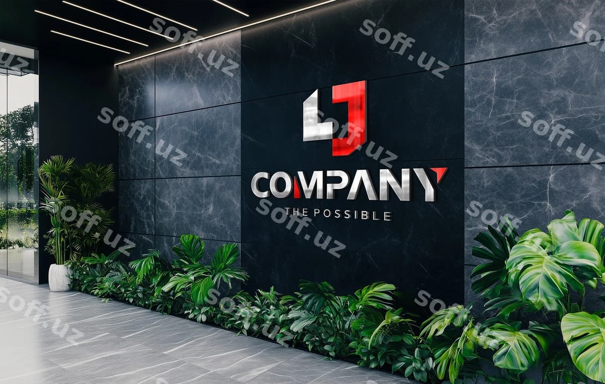 Ofis qabulxona devoridagi logotip namunasi | Office reception wall logo mockup