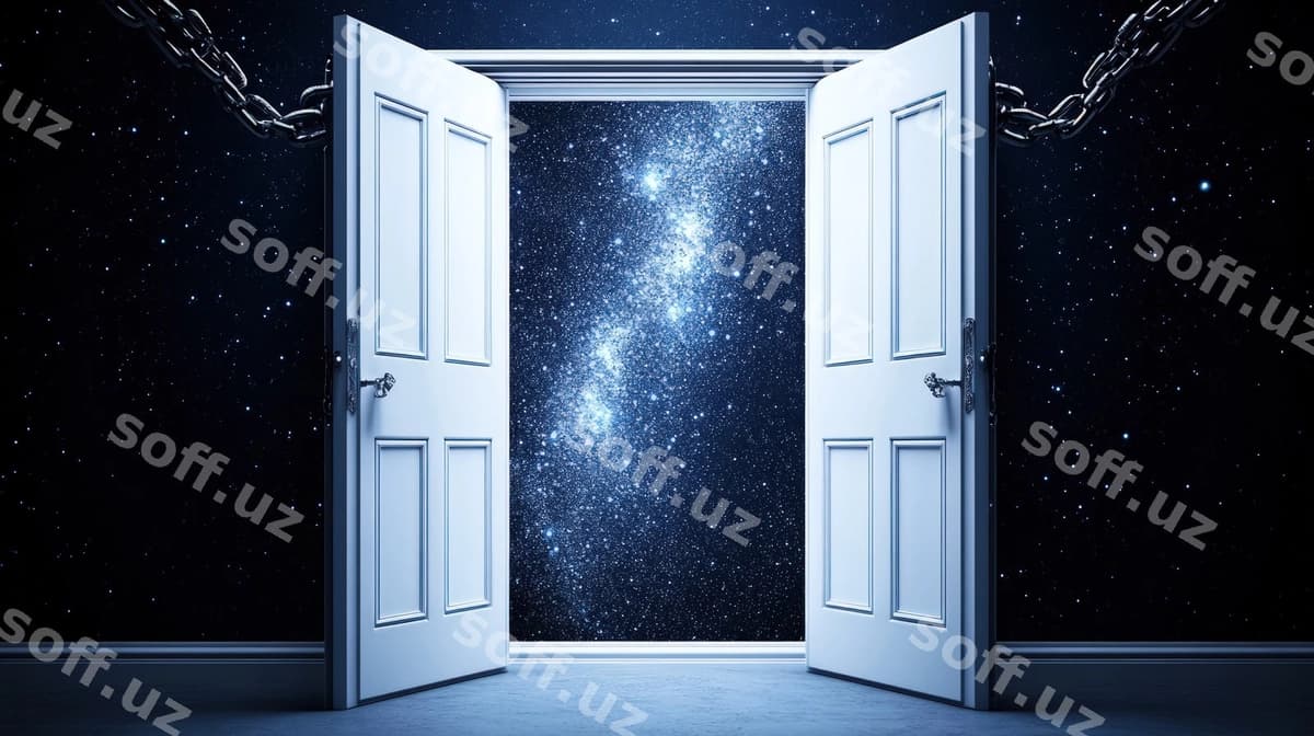 Ochiq juft eshiklar yulduzli kecha osmonini ko'rsatadi. | Open double doors reveal starry night sky