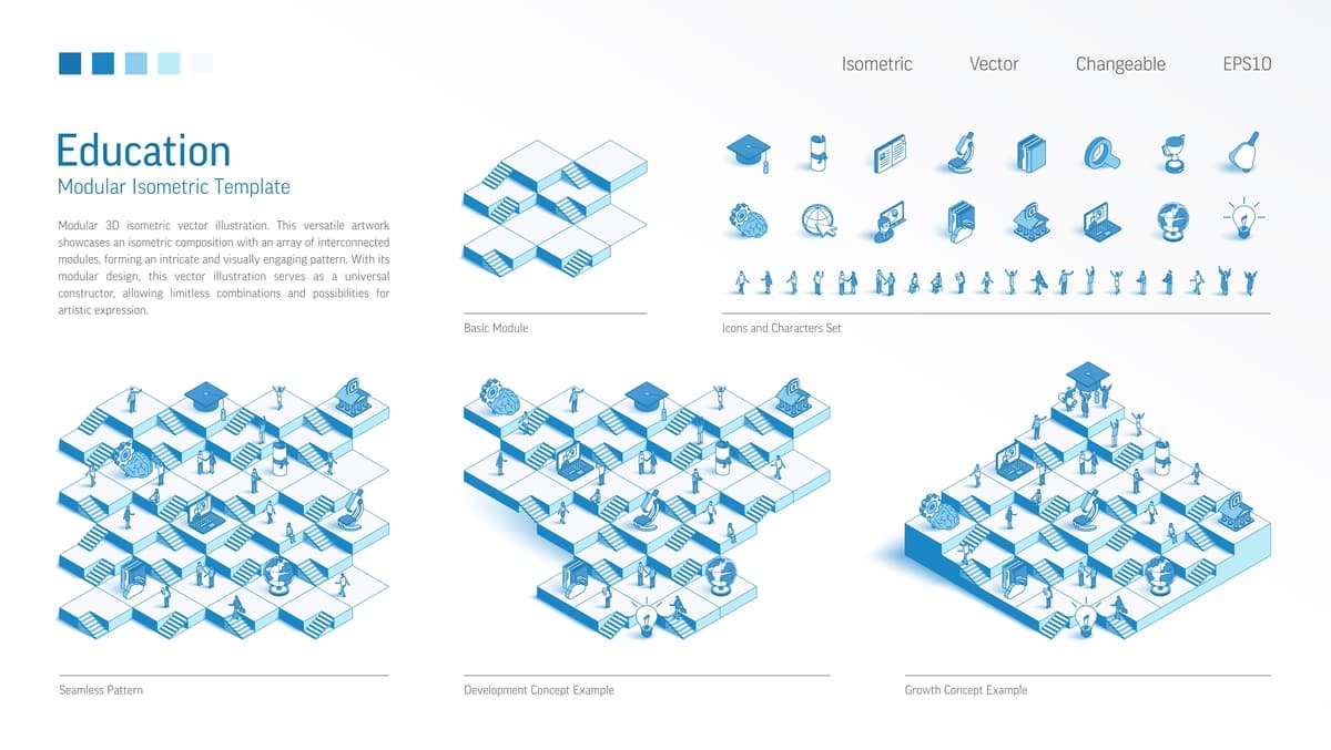 Bilim ta'limi modulli izometrik konstruktor muammosiz naqsh | Knowledge education modular isometric constructor seamless pattern