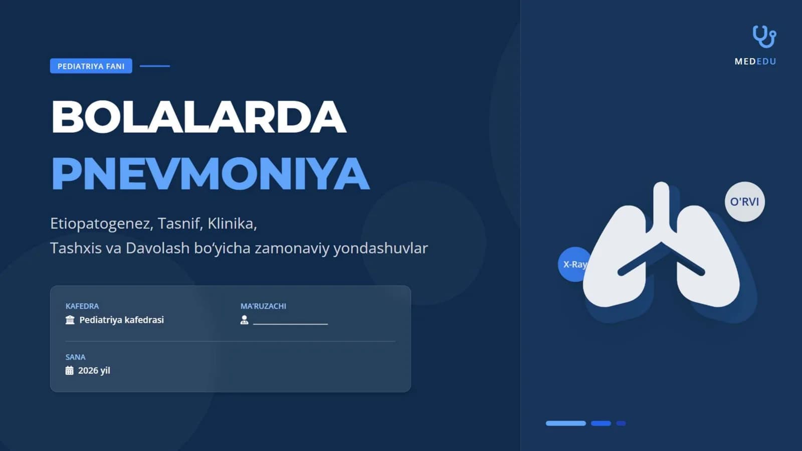 Bolalarda pnevmoniyalarning etiopatogenezi, tasnifi. Klinik belgilari. Tashxisot mezonlari. Qiyosiy tashxis. Davosi. Profilaktikasi.