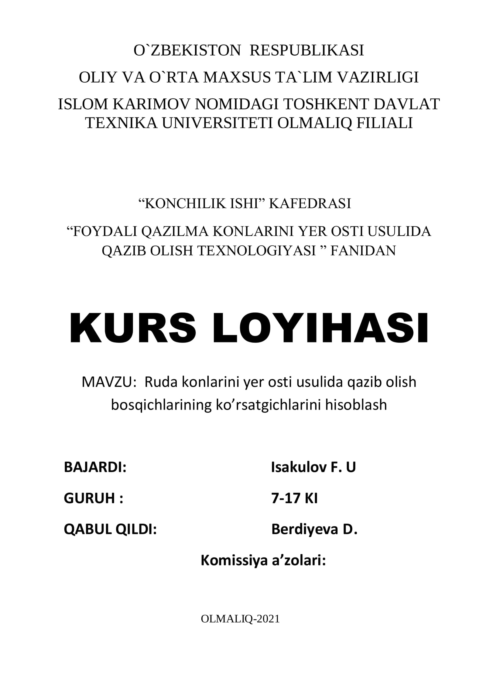 Ruda konlarini yer osti usulida qazib olish bosqichlarini hisoblash