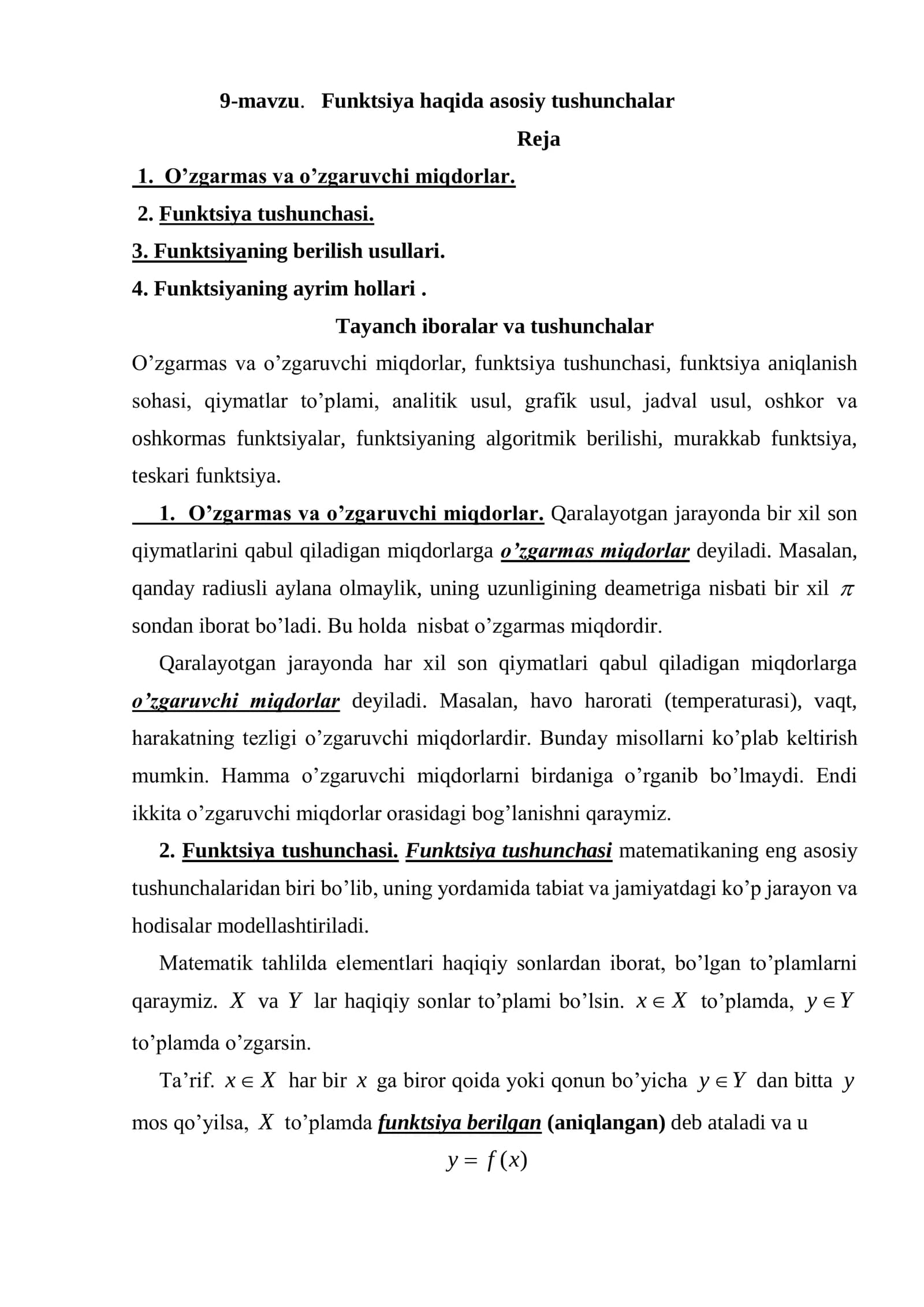 Funktsiya haqida asosiy tushunchalar