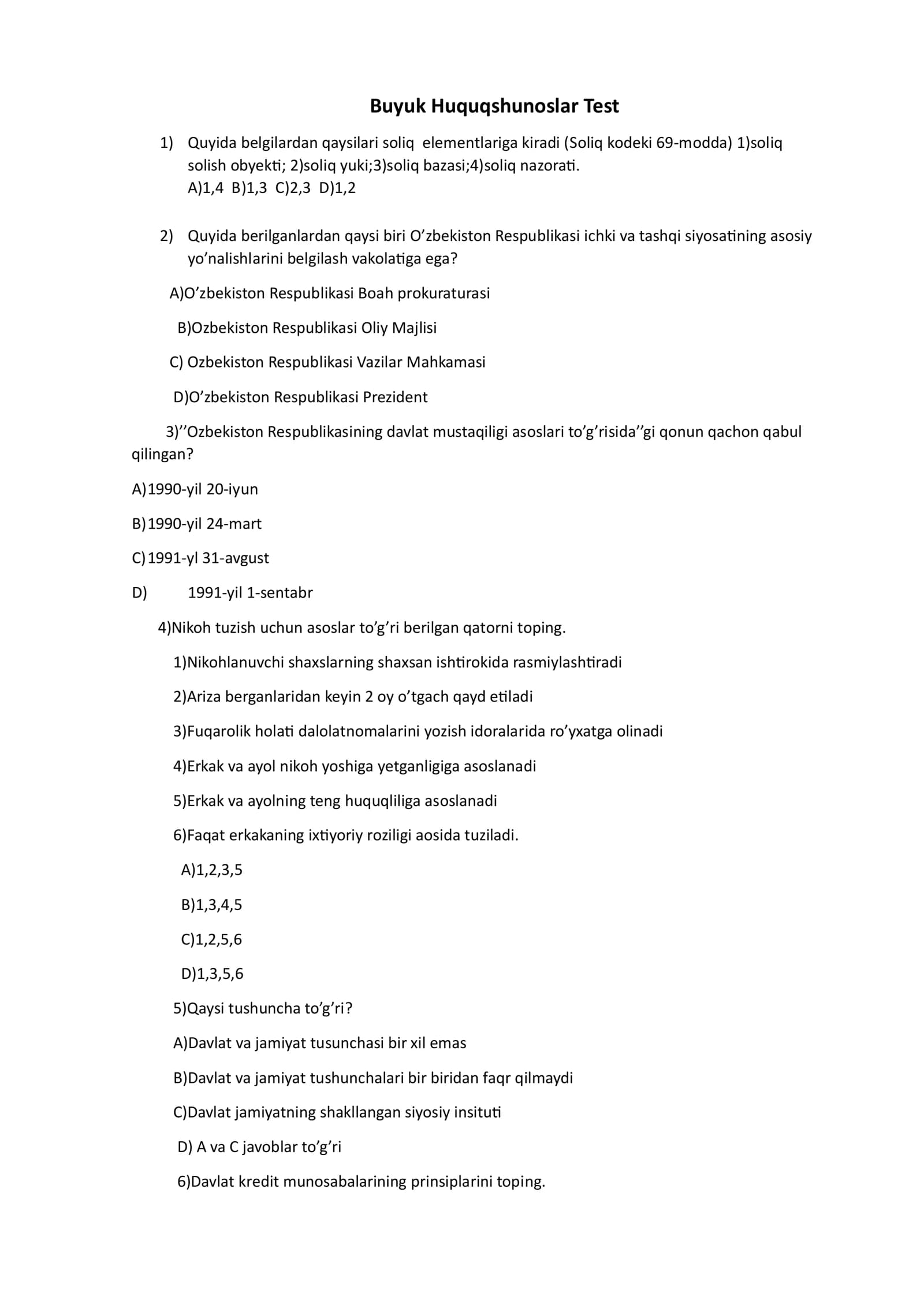 Buyuk Huquqshunoslar Test