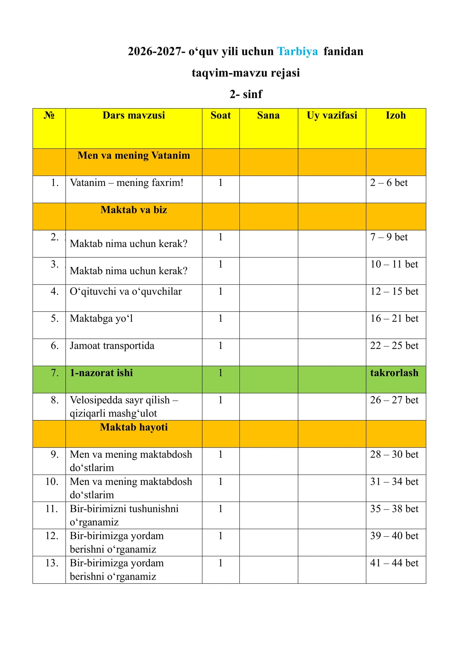 2026-2027- o‘quv yili uchun Tarbiya fanidan taqvim-mavzu rejasi  2-sinf