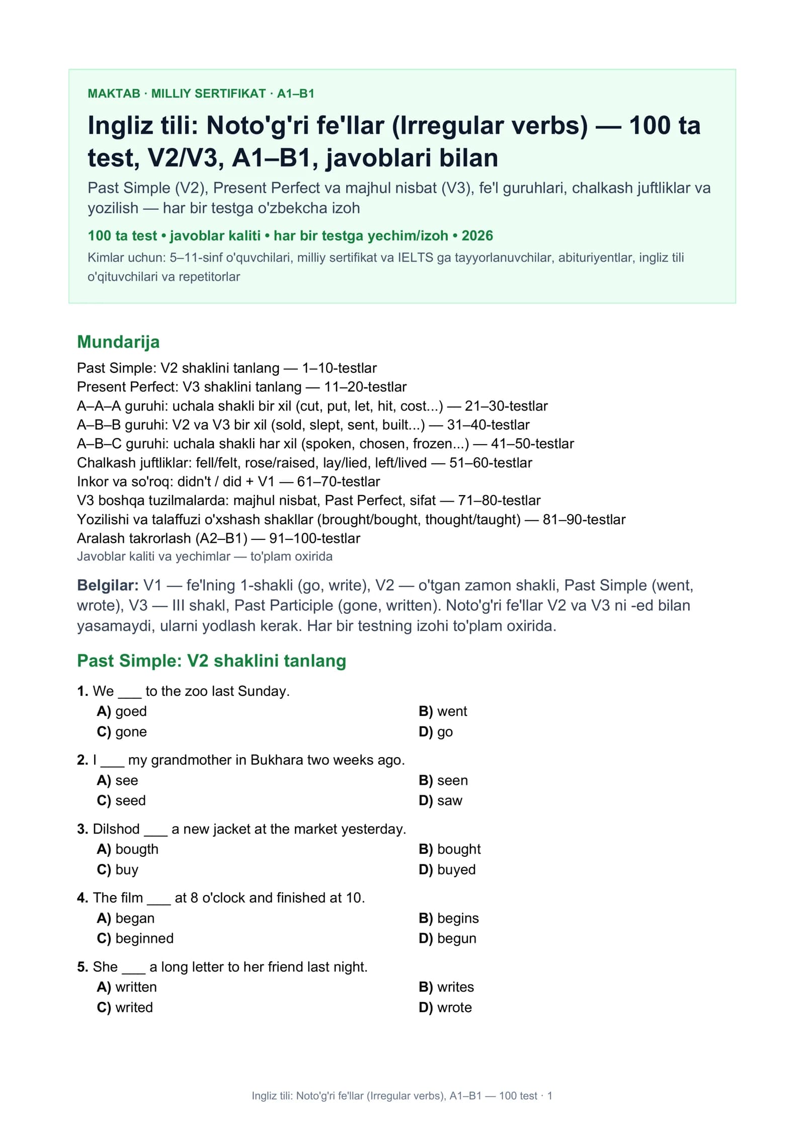 Ingliz tili: Noto'g'ri fe'llar (Irregular verbs)