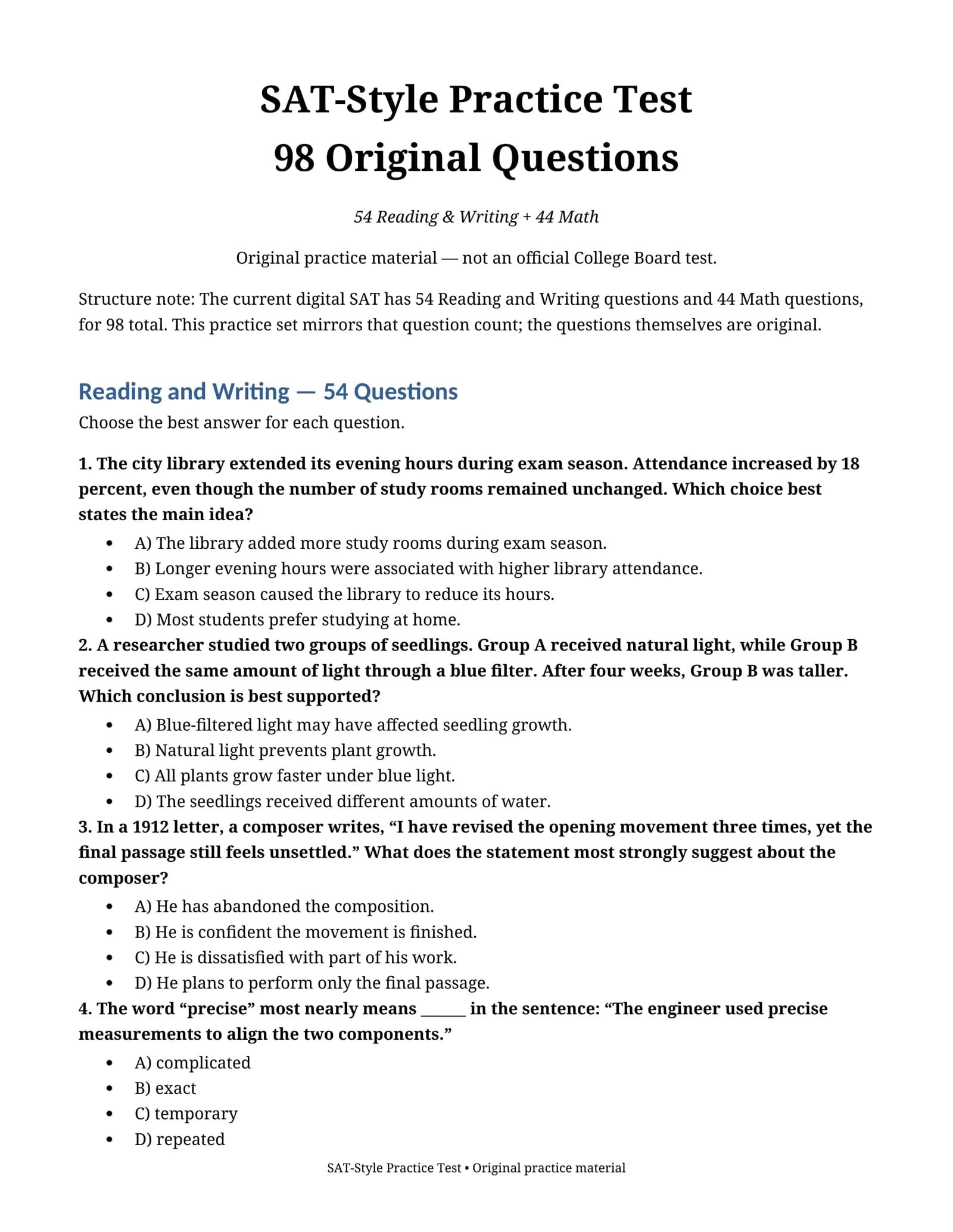 SAT Practice Test — 98 ta original savol va javoblar