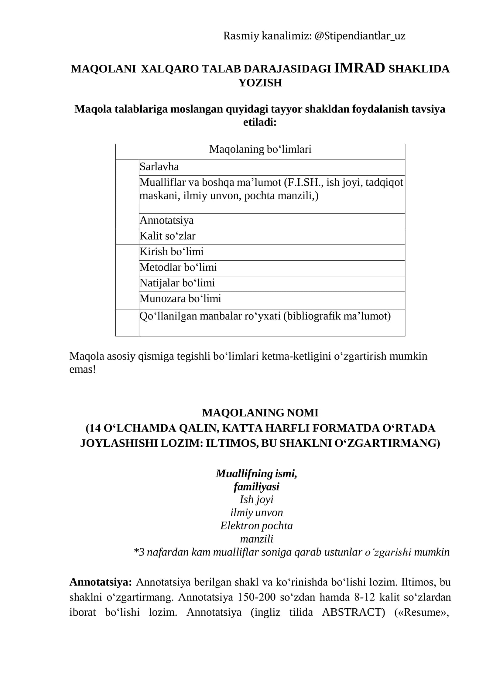 Maqola Talablariga Tayyorlik Shakli