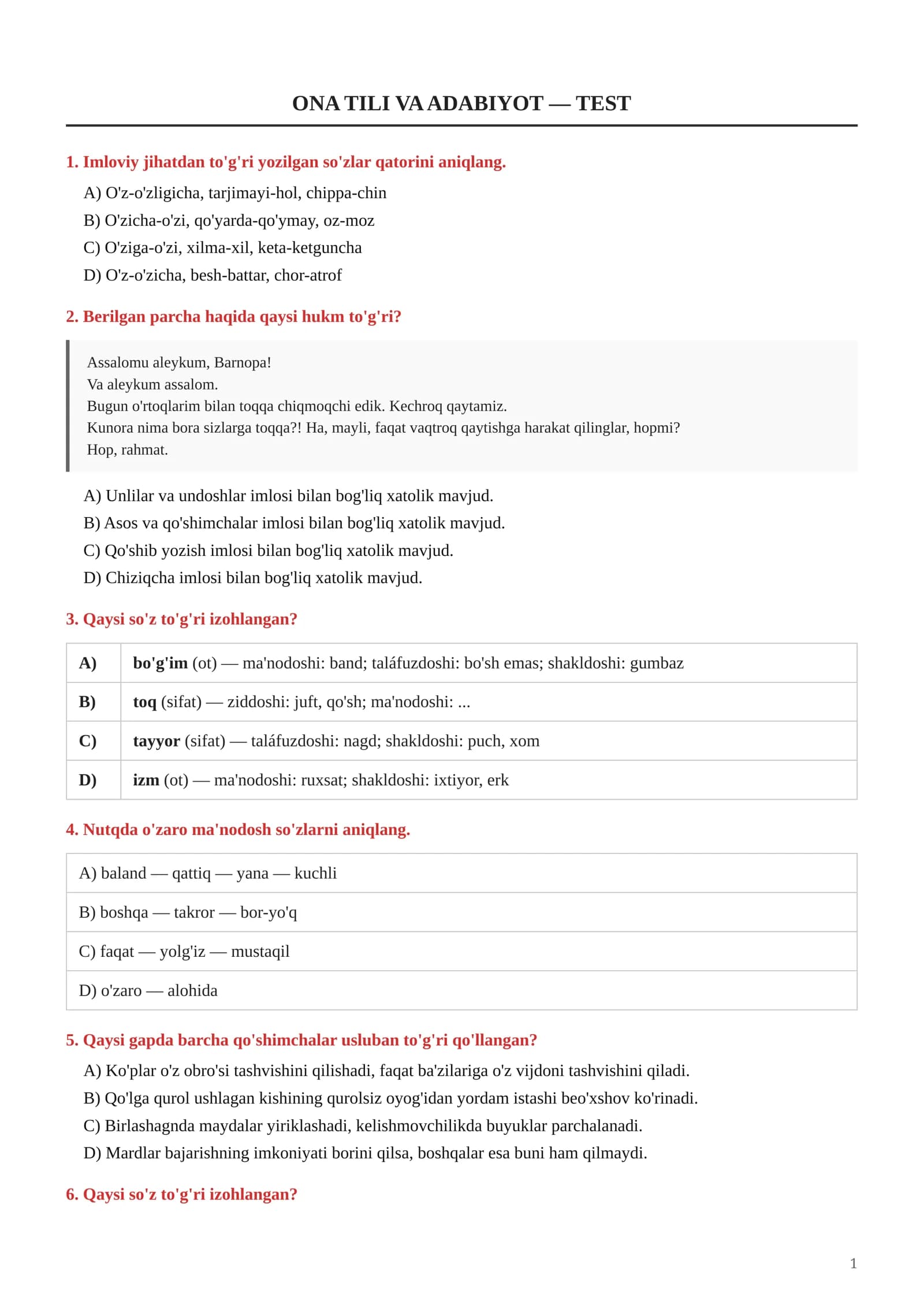 ONA TILI VA ADABIYOT — TEST