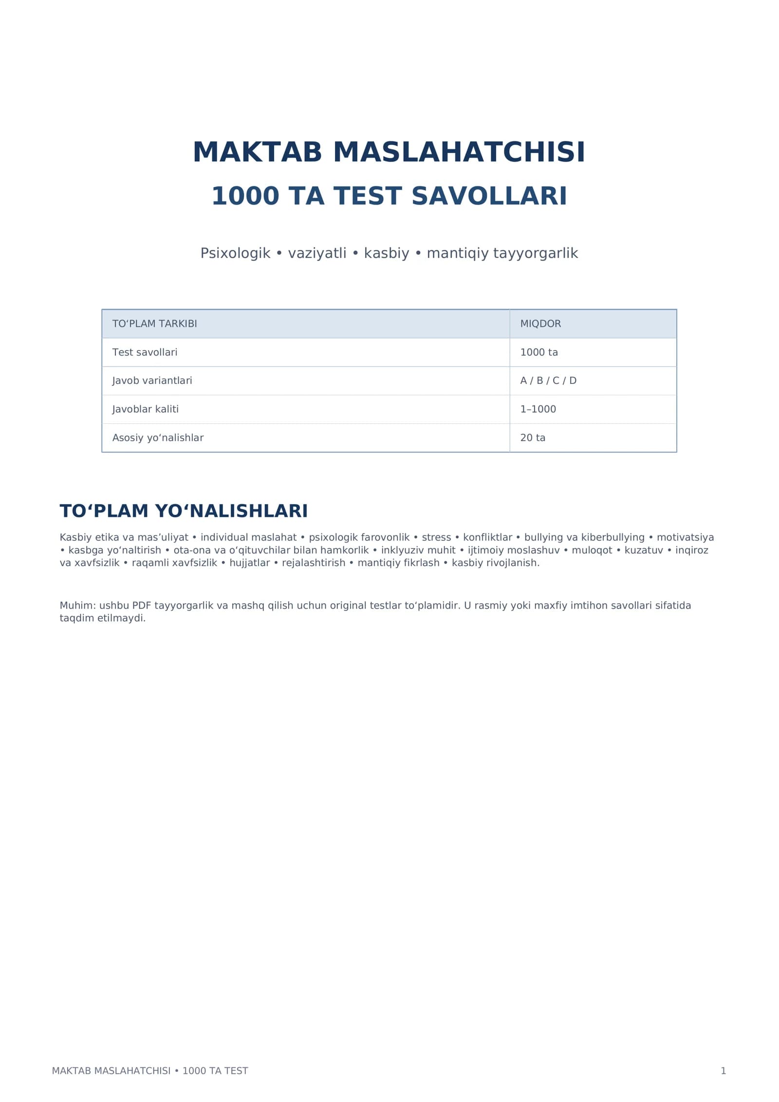 Maktab Maslahatchisi 1000+ Test | Psixologik va Vaziyatli Savollar | Javoblar Kaliti | PDF