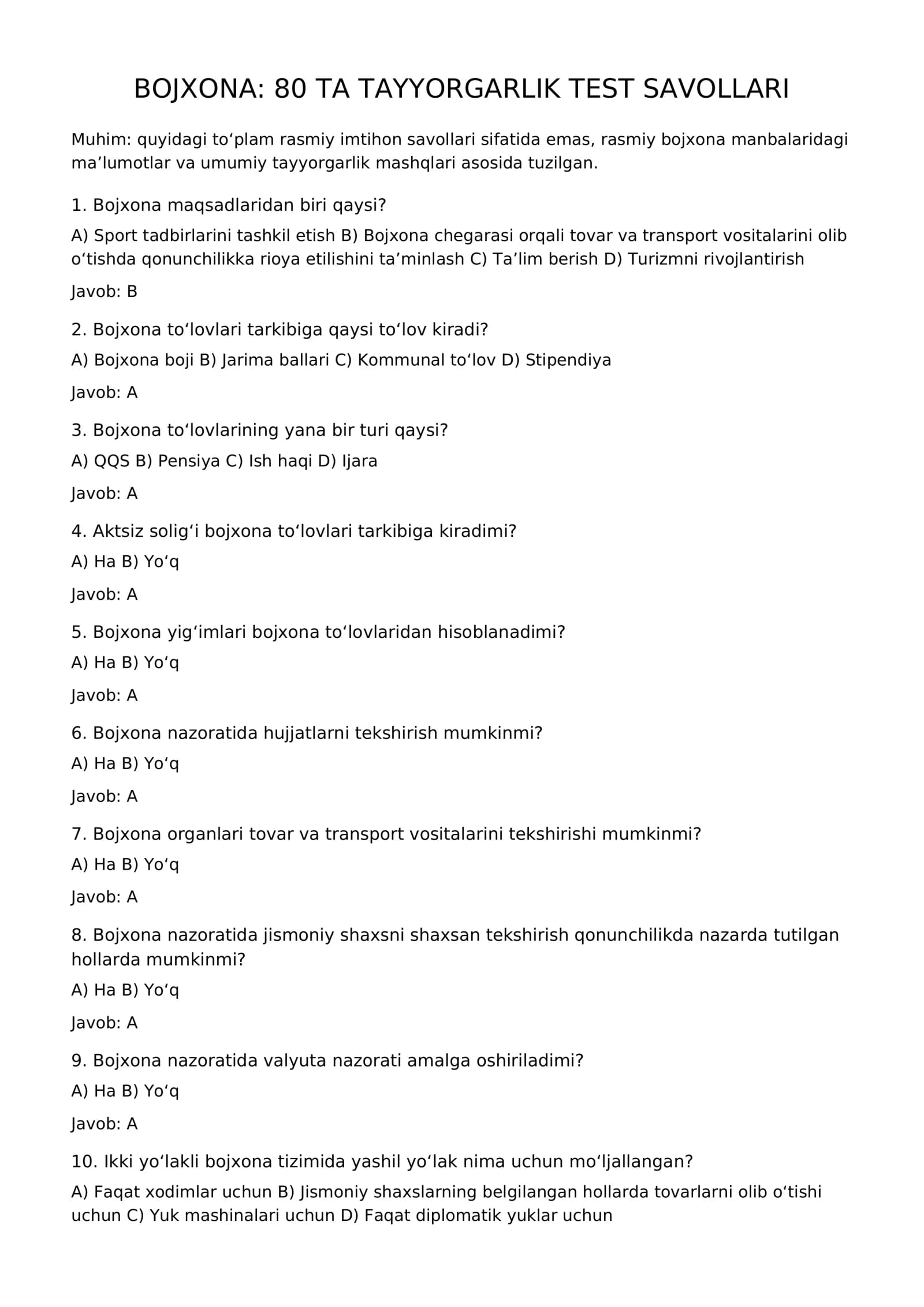 Bojxona imtihoniga tayyorgarlik: 80 ta psixologik test savollari va javoblari