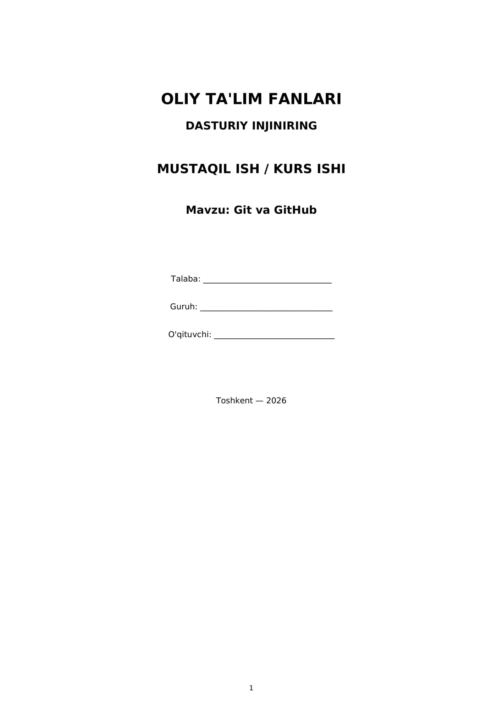OLIY TA'LIM FANLARI DASTURIY INJINIRING MUSTAQIL ISH / KURS ISHI