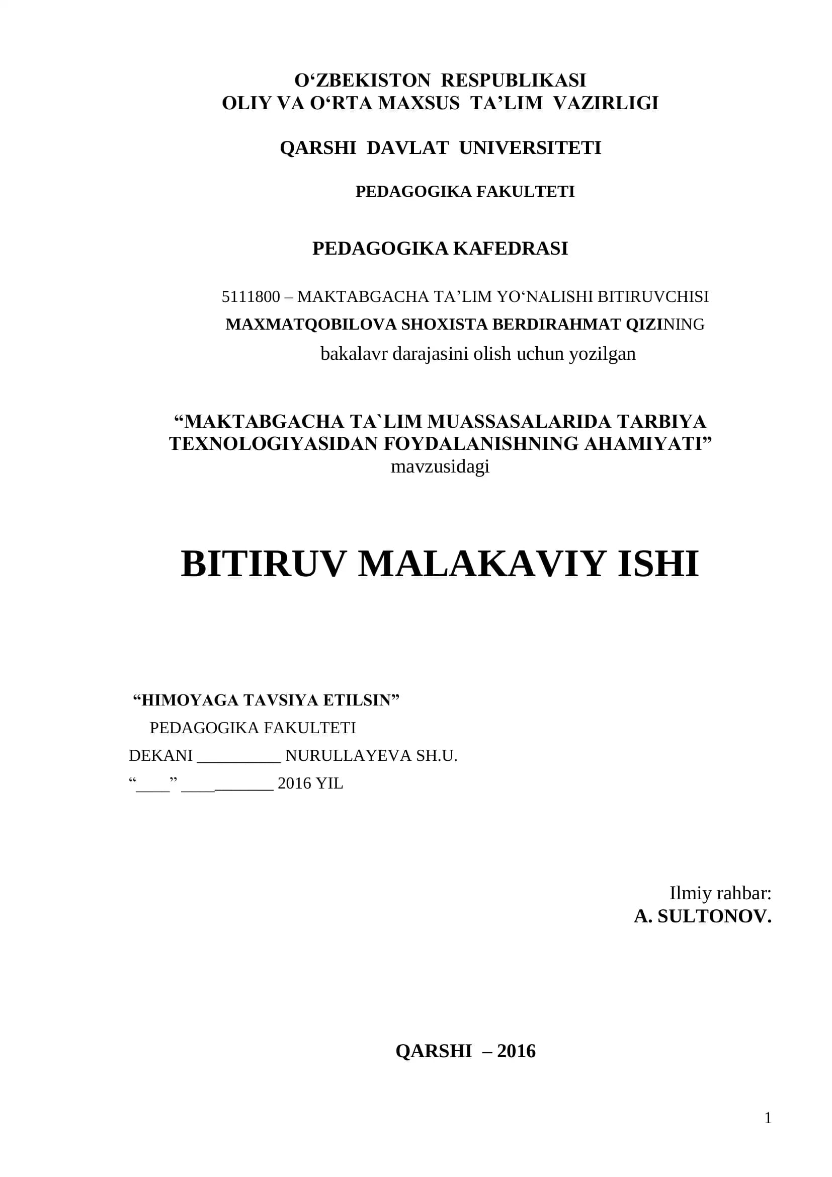 MAKTABGACHA TA’LIM MUASSASALARIDA TARBIYA TEXNOLOGIYASIDAN FOYDALANISHNING AHAMIYATI