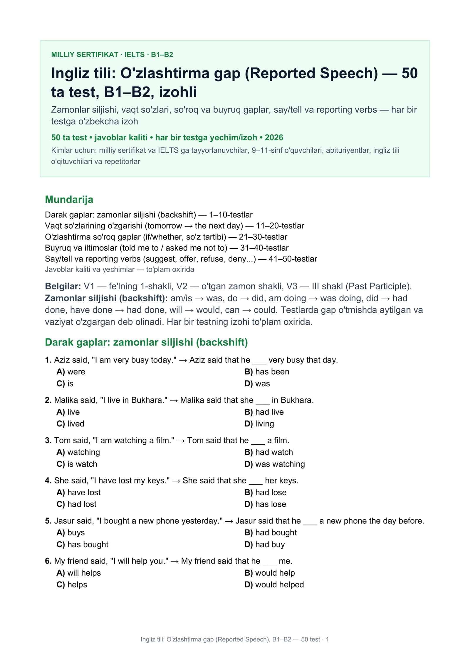 Ingliz tili: O'zlashtirma gap (Reported Speech), B1–B2