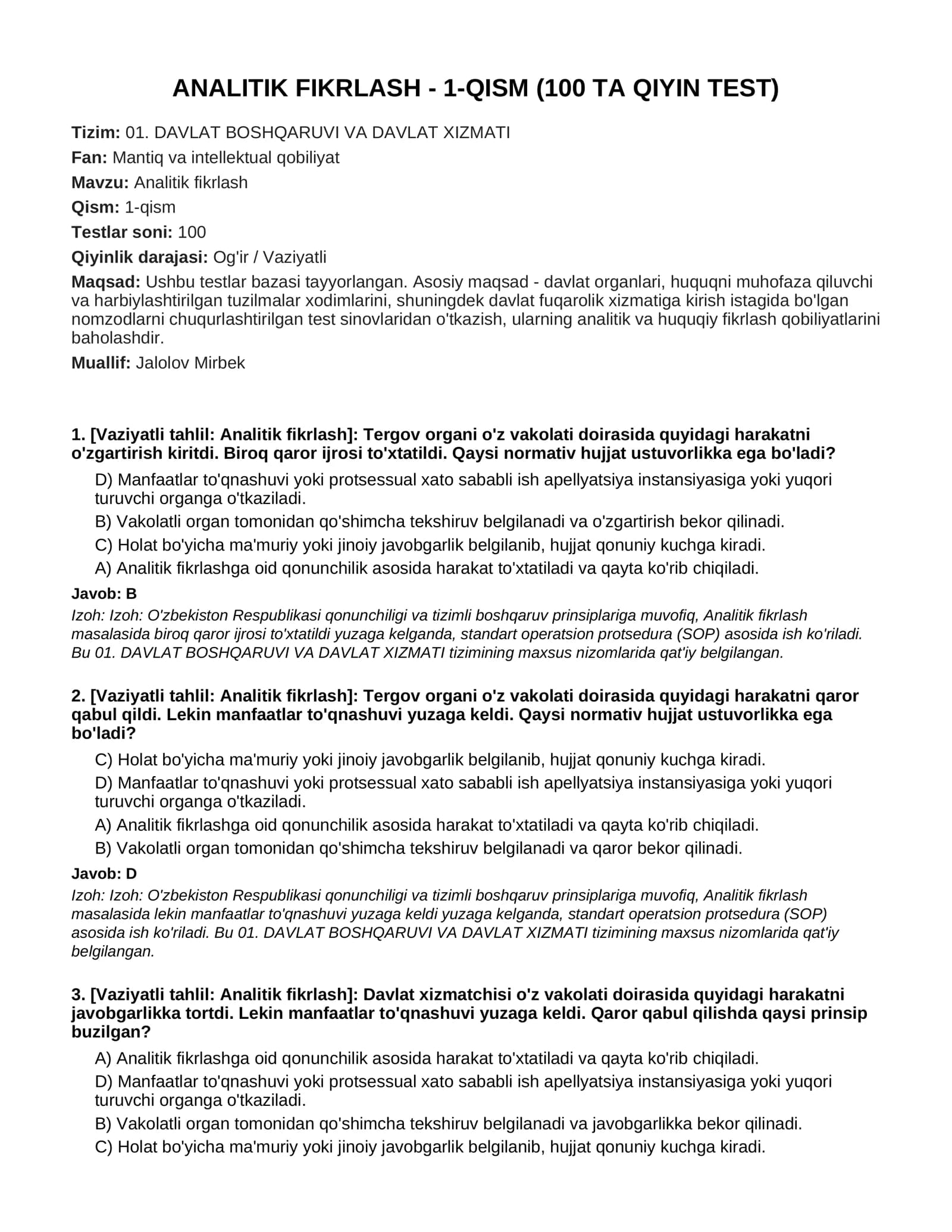 ANALITIK FIKRLASH - 1-QISM (100 TA QIYIN TEST)