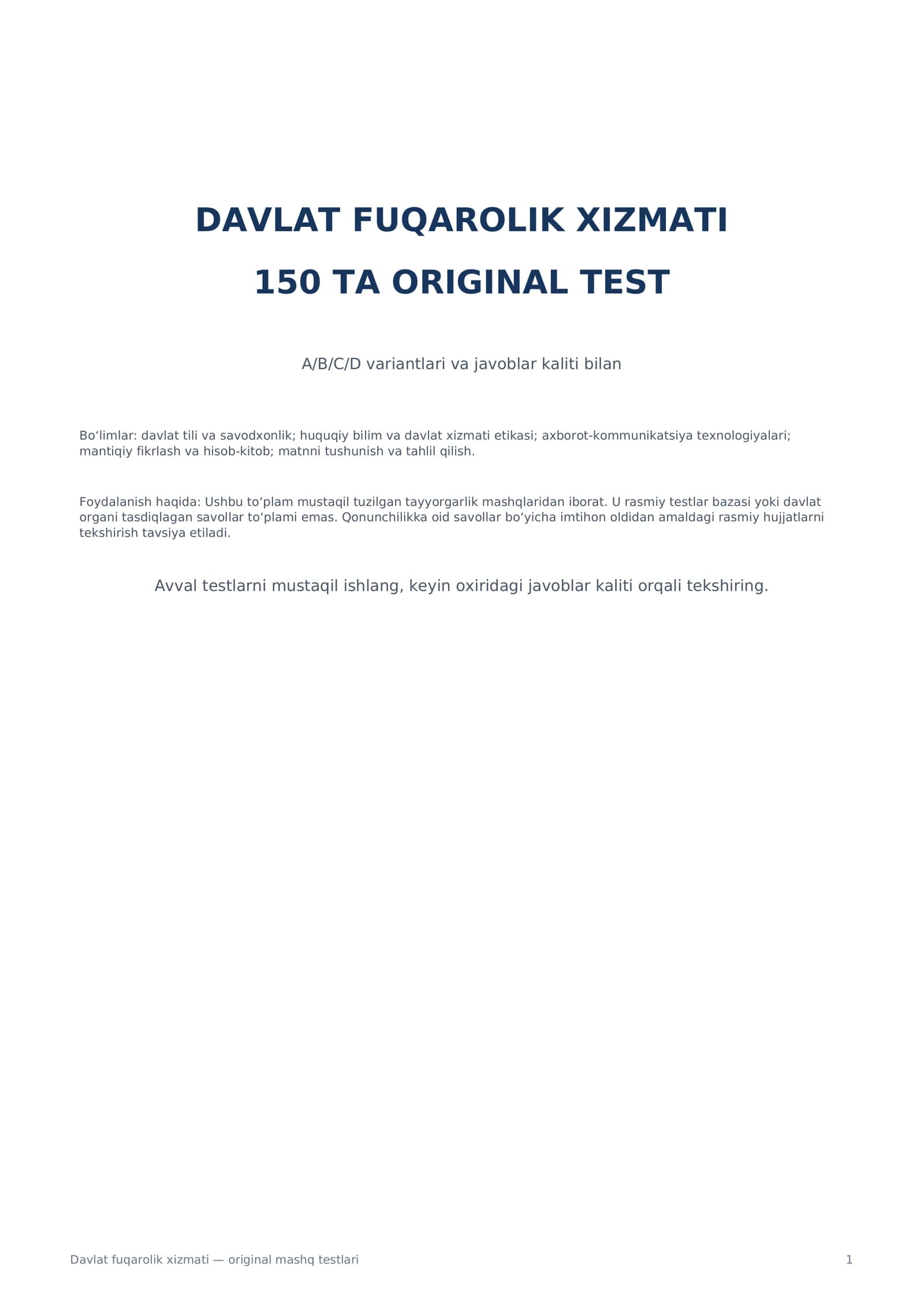 Davlat fuqarolik xizmati uchun 150 ta original test — PDF