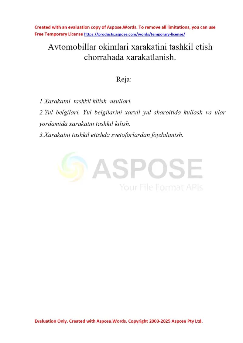Avtomobillar oqimlari xarakatini tashkil etish chorrahada xarakatlanish.