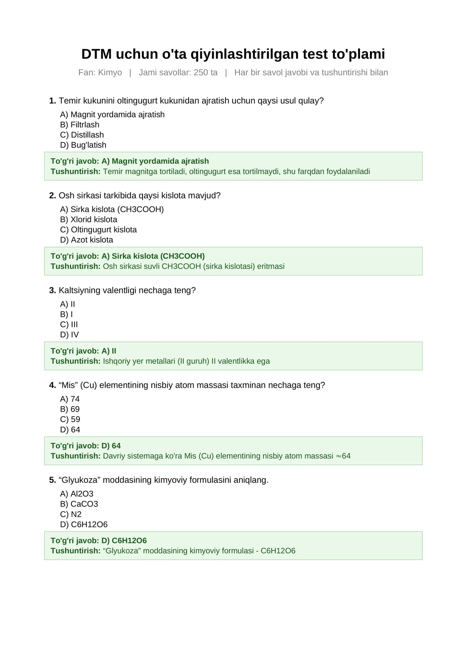 DTM uchun o'ta qiyinlashtirilgan test to'plami