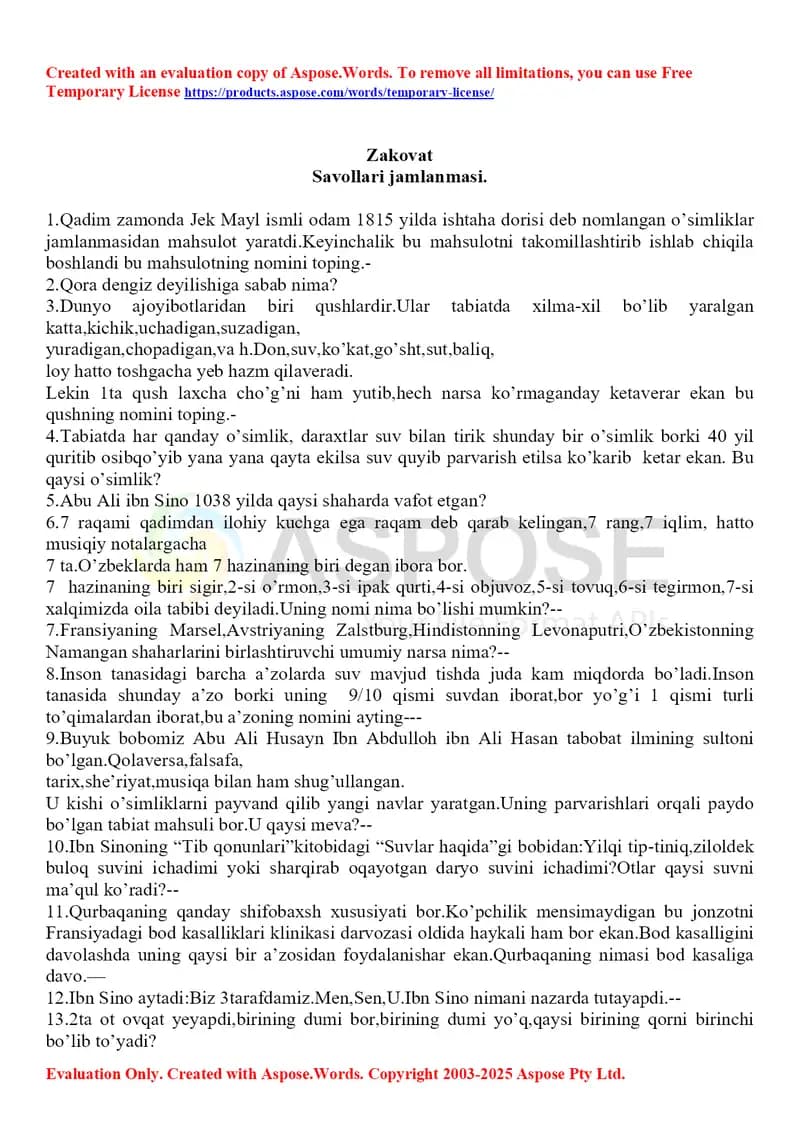Zakovat Savollari jamlanmasi tadbirlar uchun