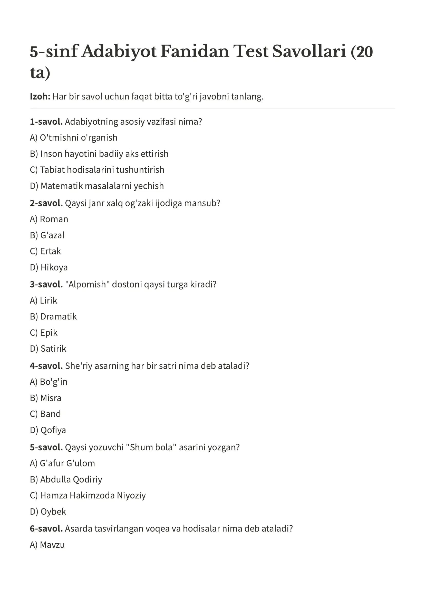 Adabiyot test