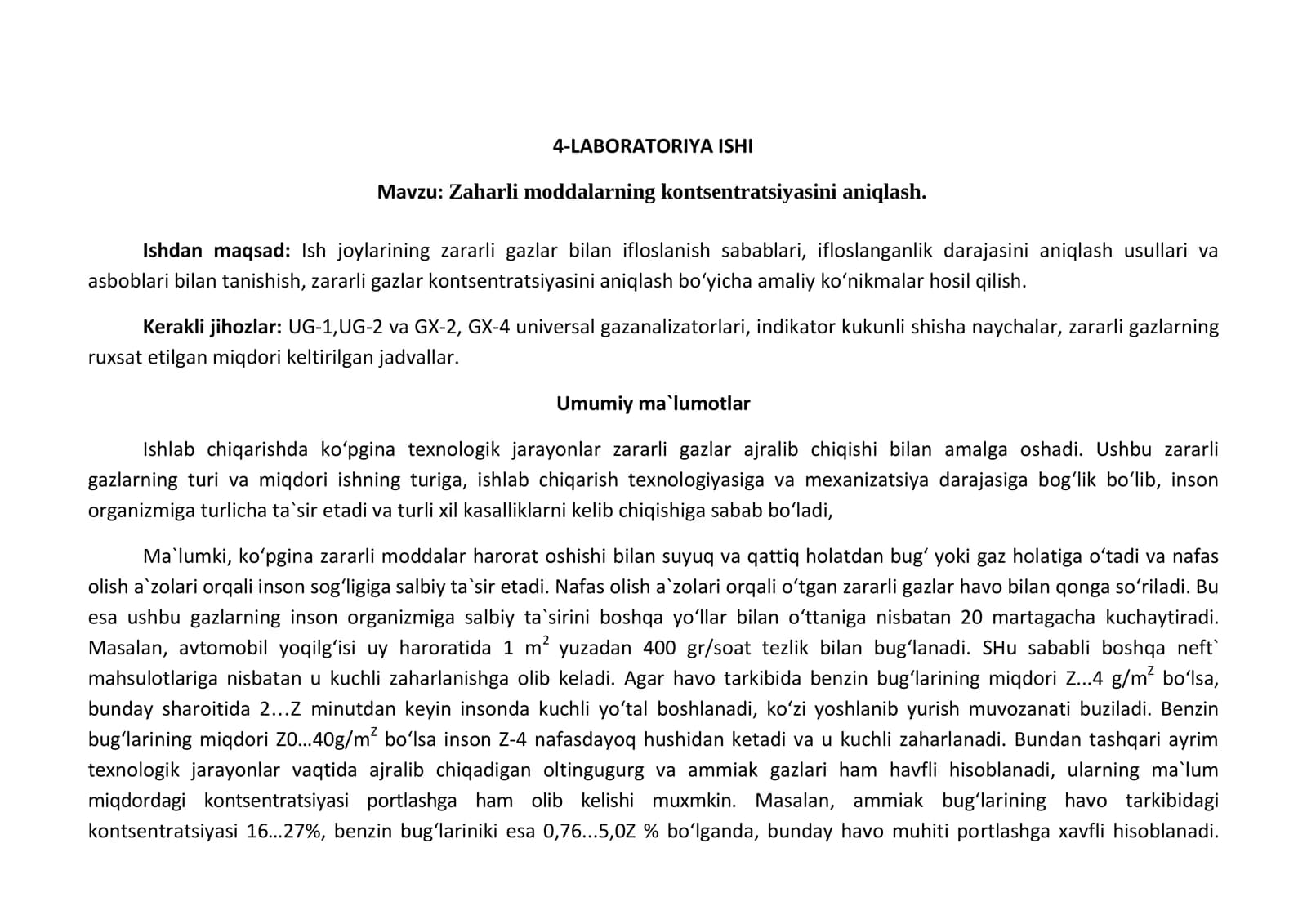 Zaharli moddalarning kontsentratsiyasini aniqlash
