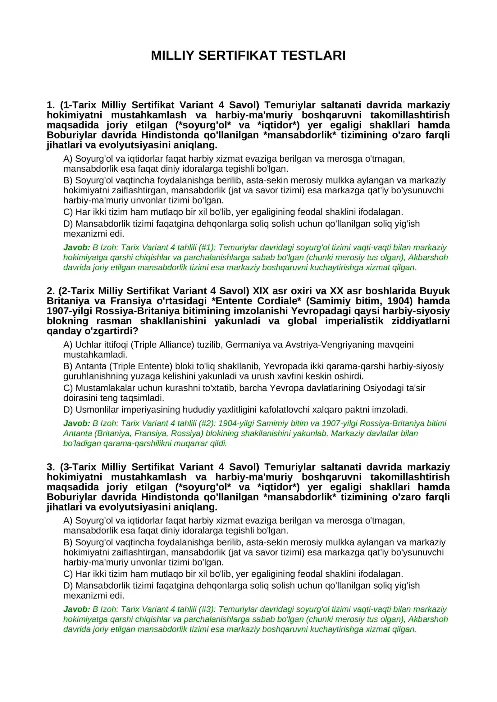 MILLIY SERTIFIKAT TESTLARI