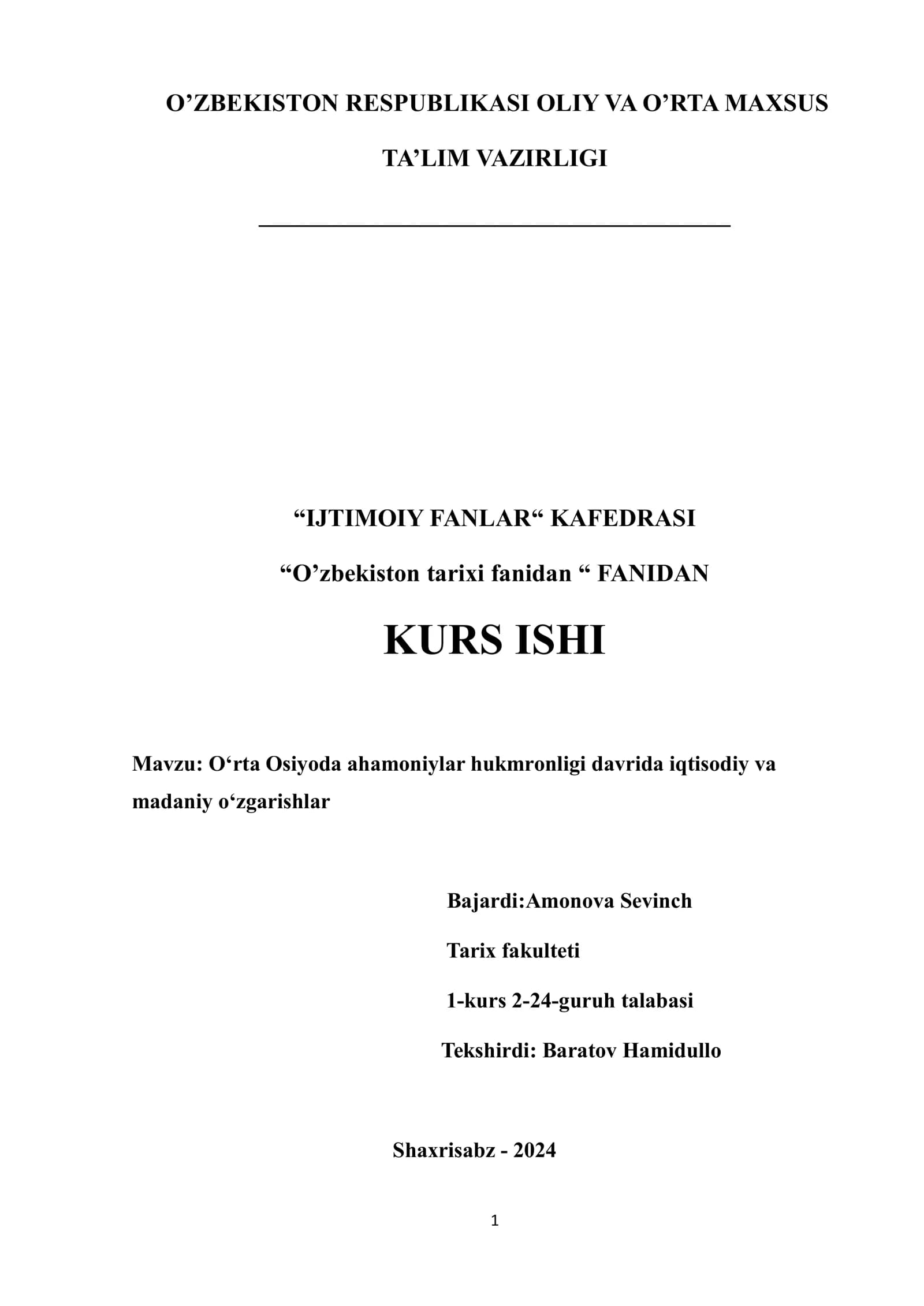 Oʻzbekiston tarixi fanidan KURS ISHI