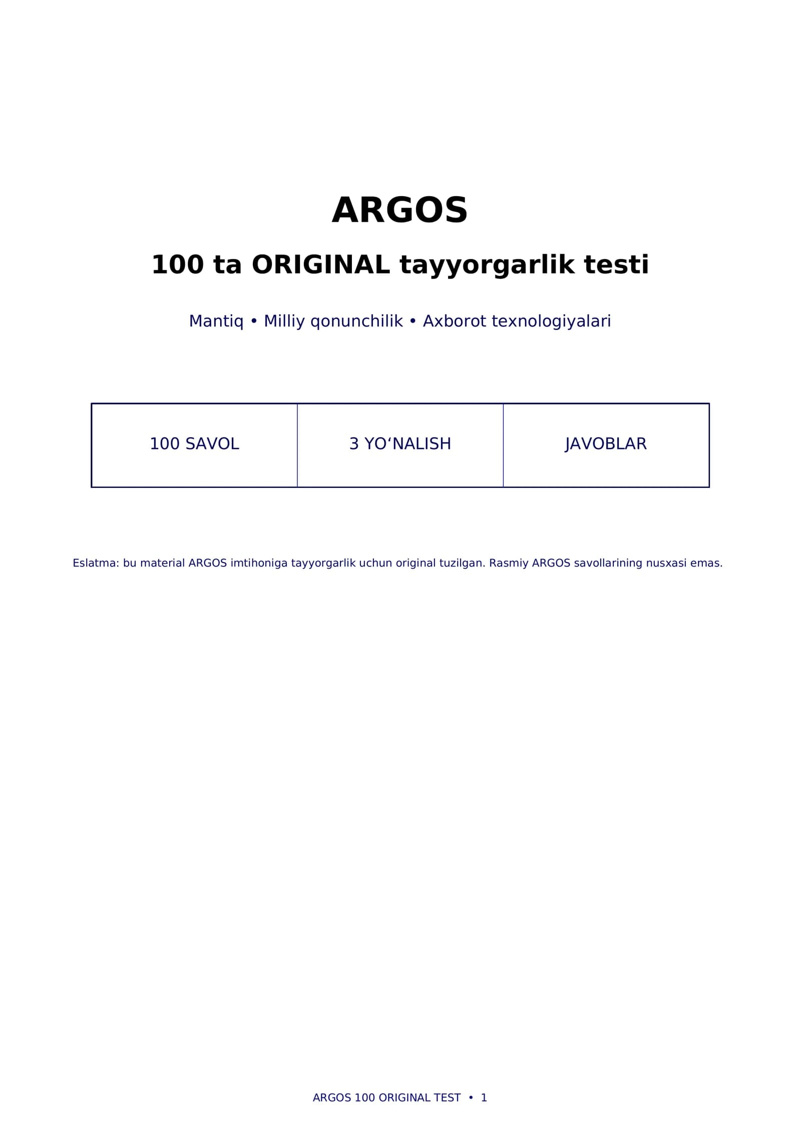 📚 ARGOS imtihoniga tayyorgarlik — 100 ta ORIGINAL test | Mantiq + Qonunchilik + IT