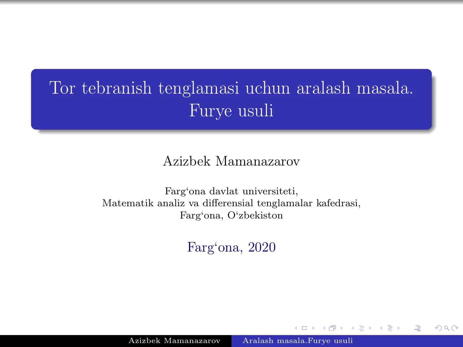 Tor tebranish tenglamasi uchun aralash masala. Furye usuli