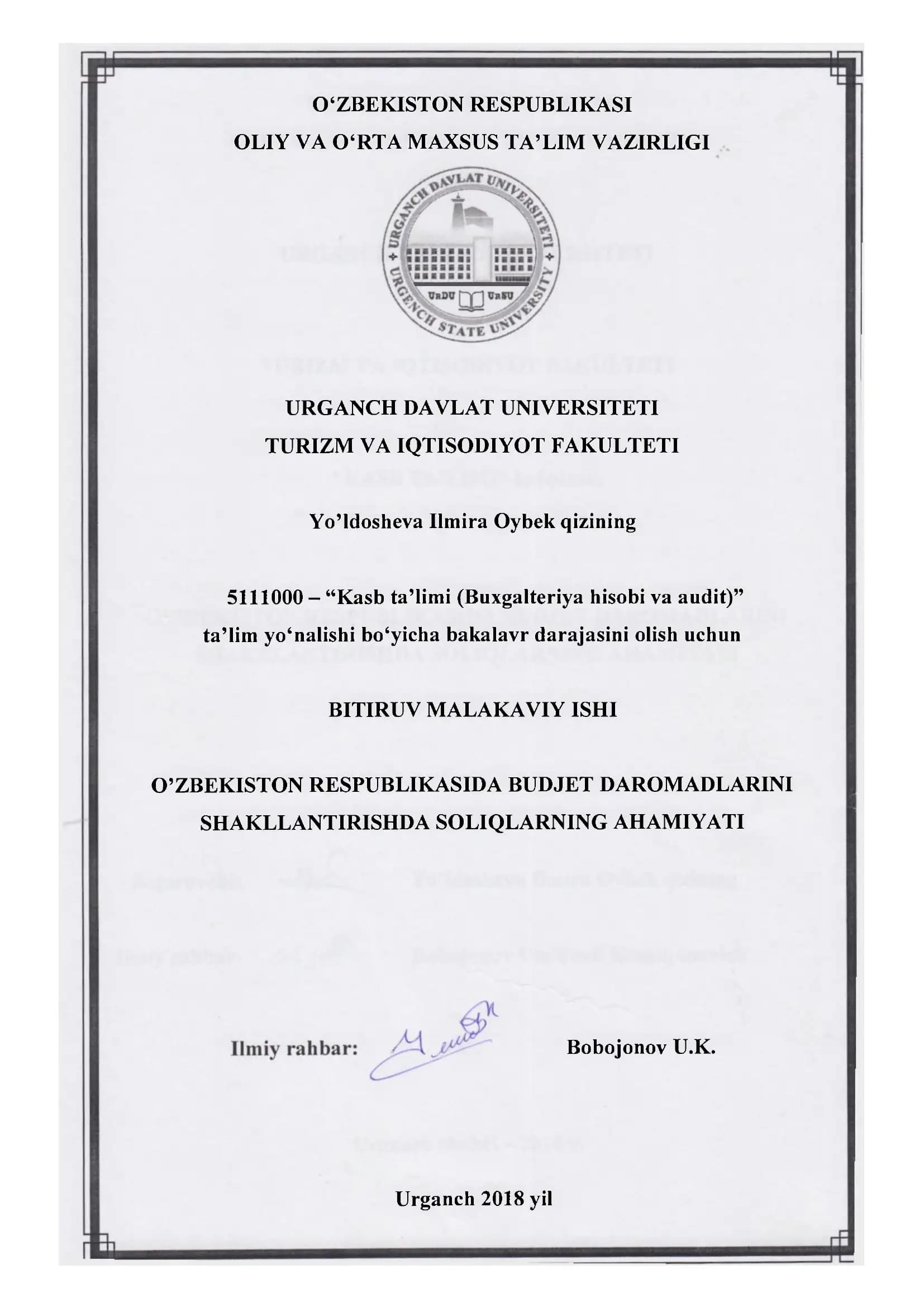 O'ZBEKISTON RESPUBLIKASIDA BUDJET DAROMADLARINI SHAKLLANTIRISHDA SOLIQLARNING AHAMIYATI
