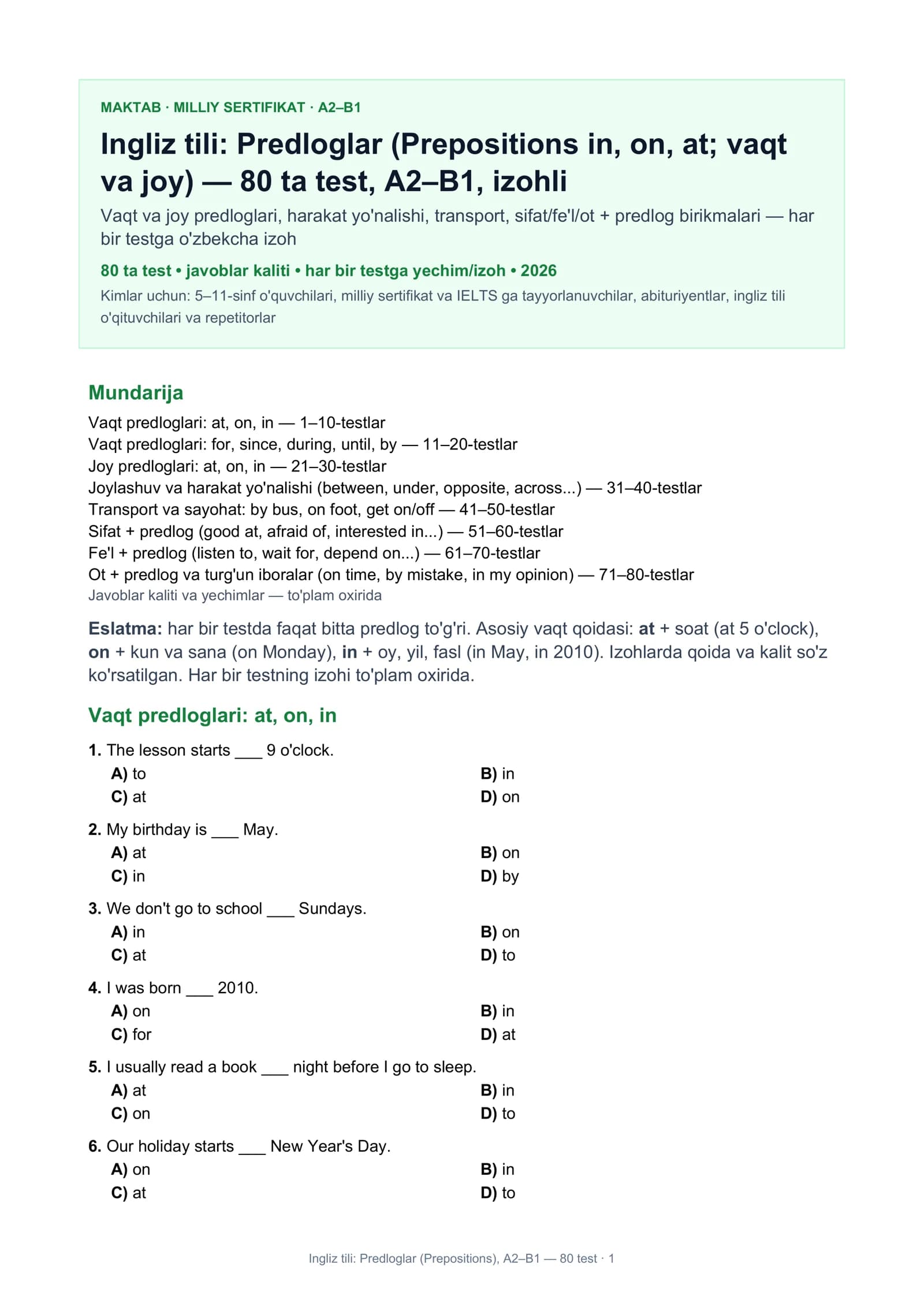 Ingliz tili: Predloglar (Prepositions)