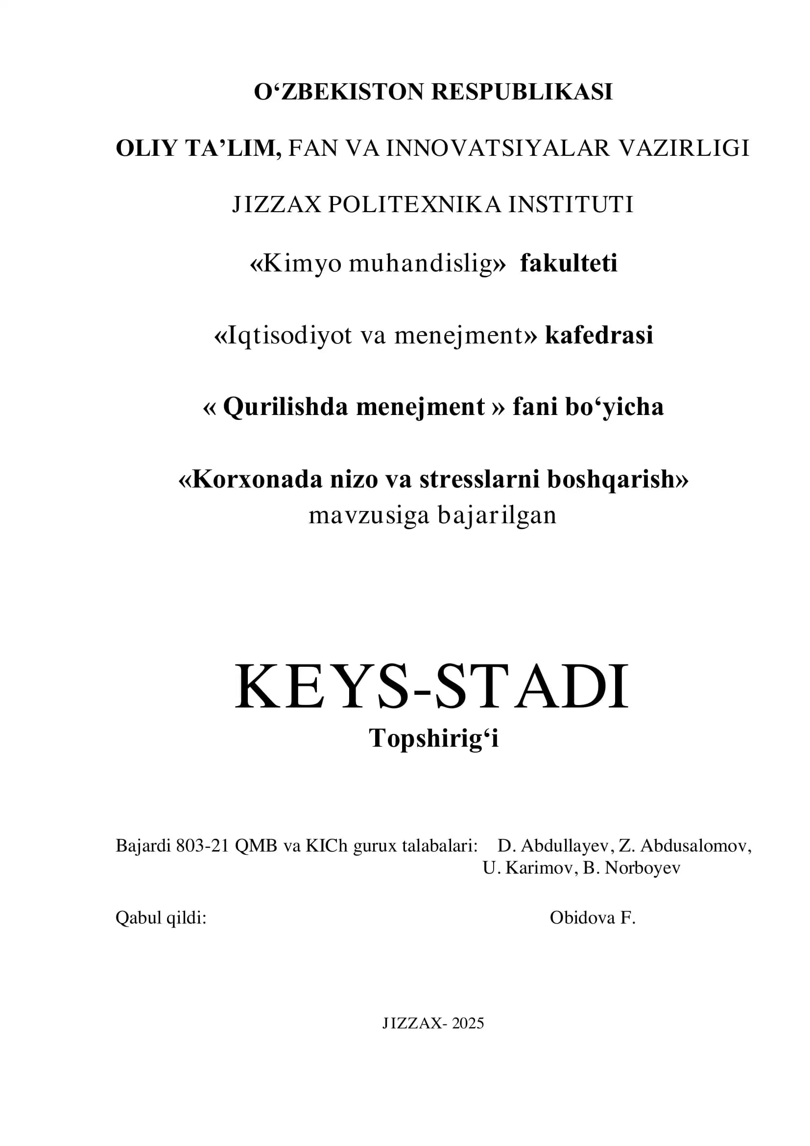 Korxonada nizo va stresslarni boshqarish. Keys-stadi