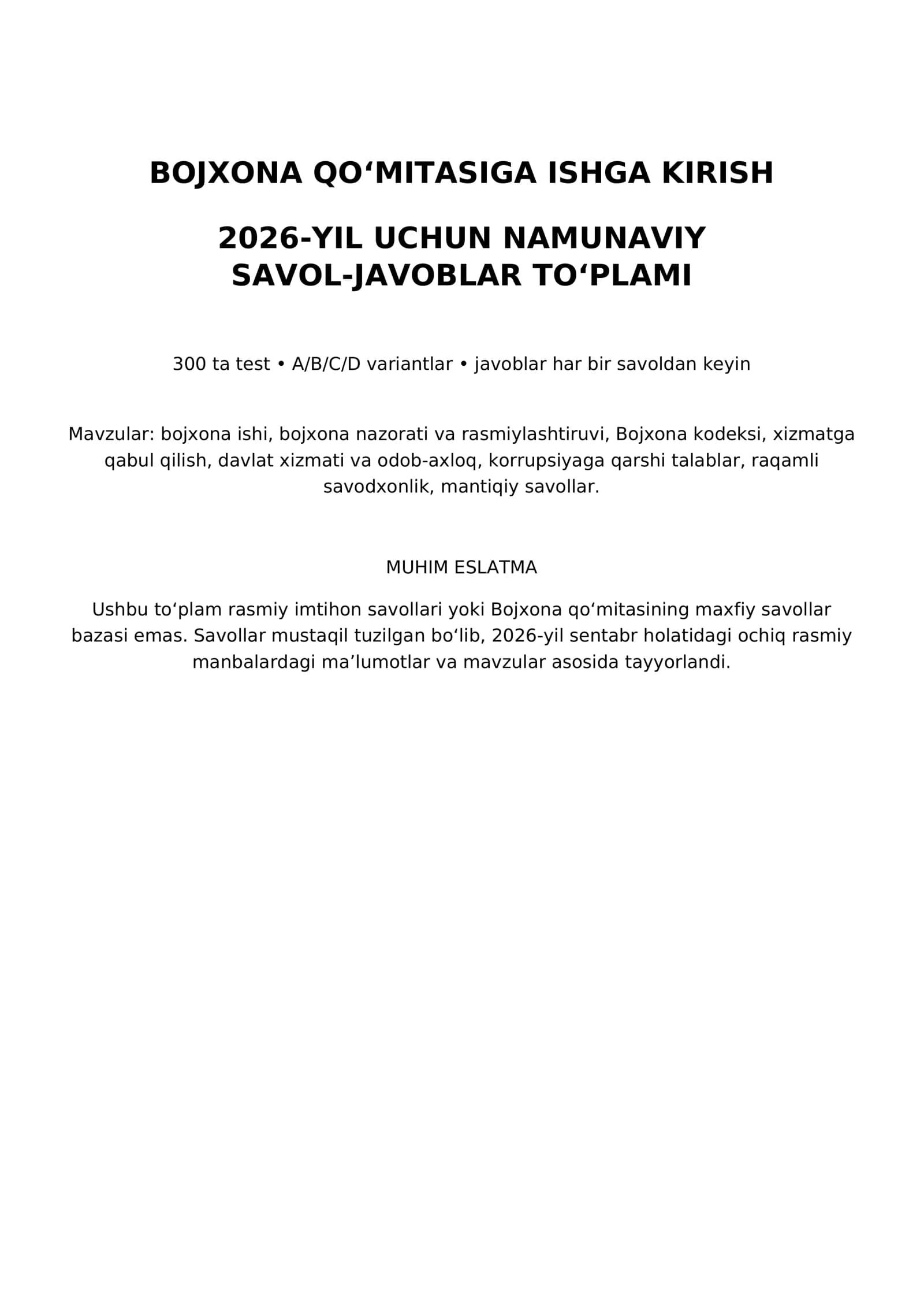 2026-yil uchun Namunaviy Savol-Javoblar To‘plami