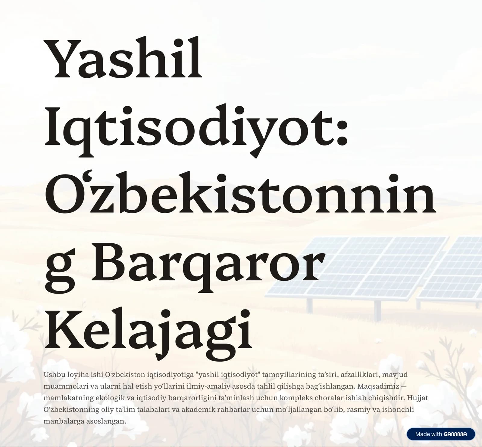 Yashil Iqtisodiyot: O»zbekistonnin g Barqaror Kelajagi