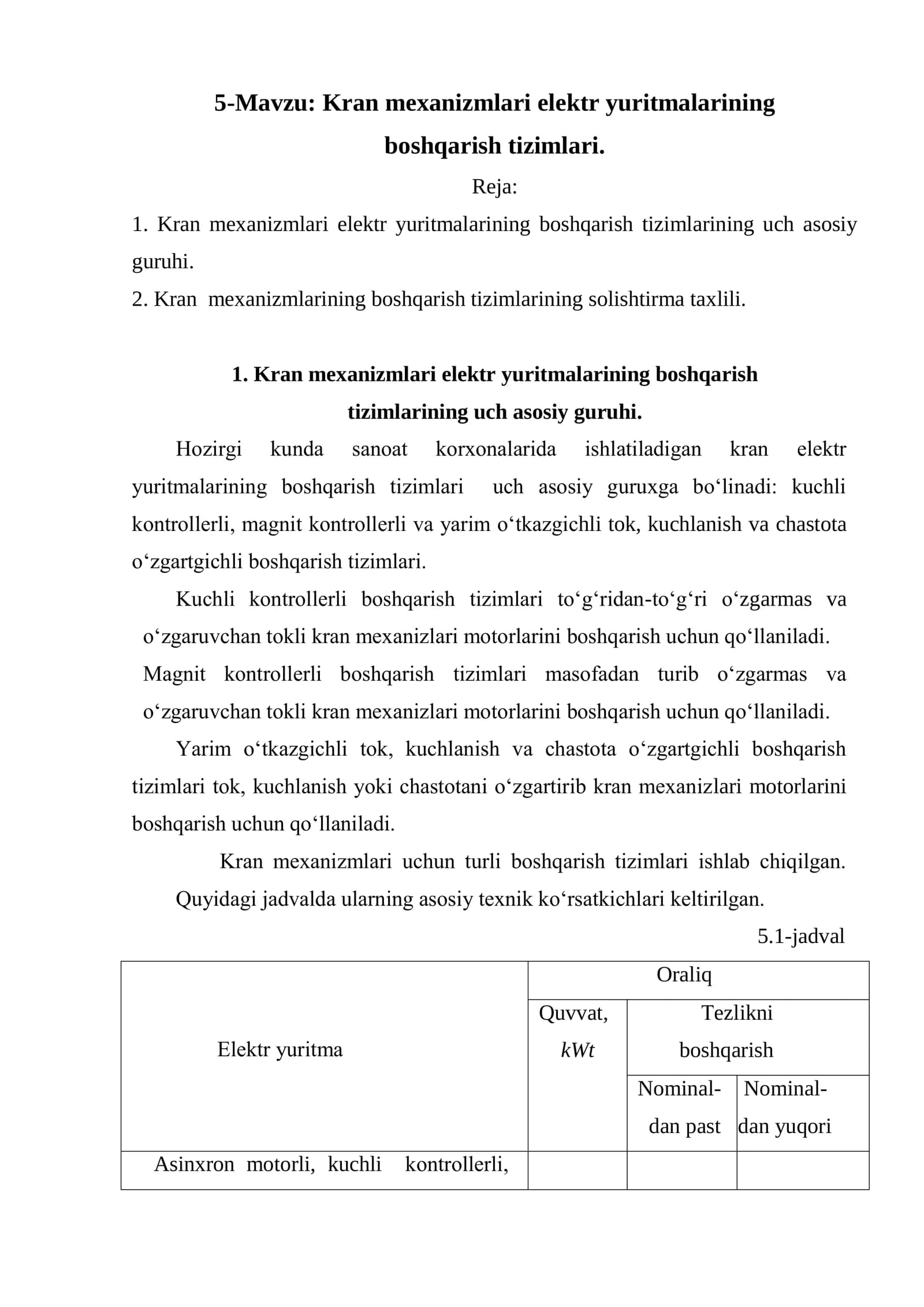 Kran mexanizmlari elektr yuritmalarining boshqarish tizimlari