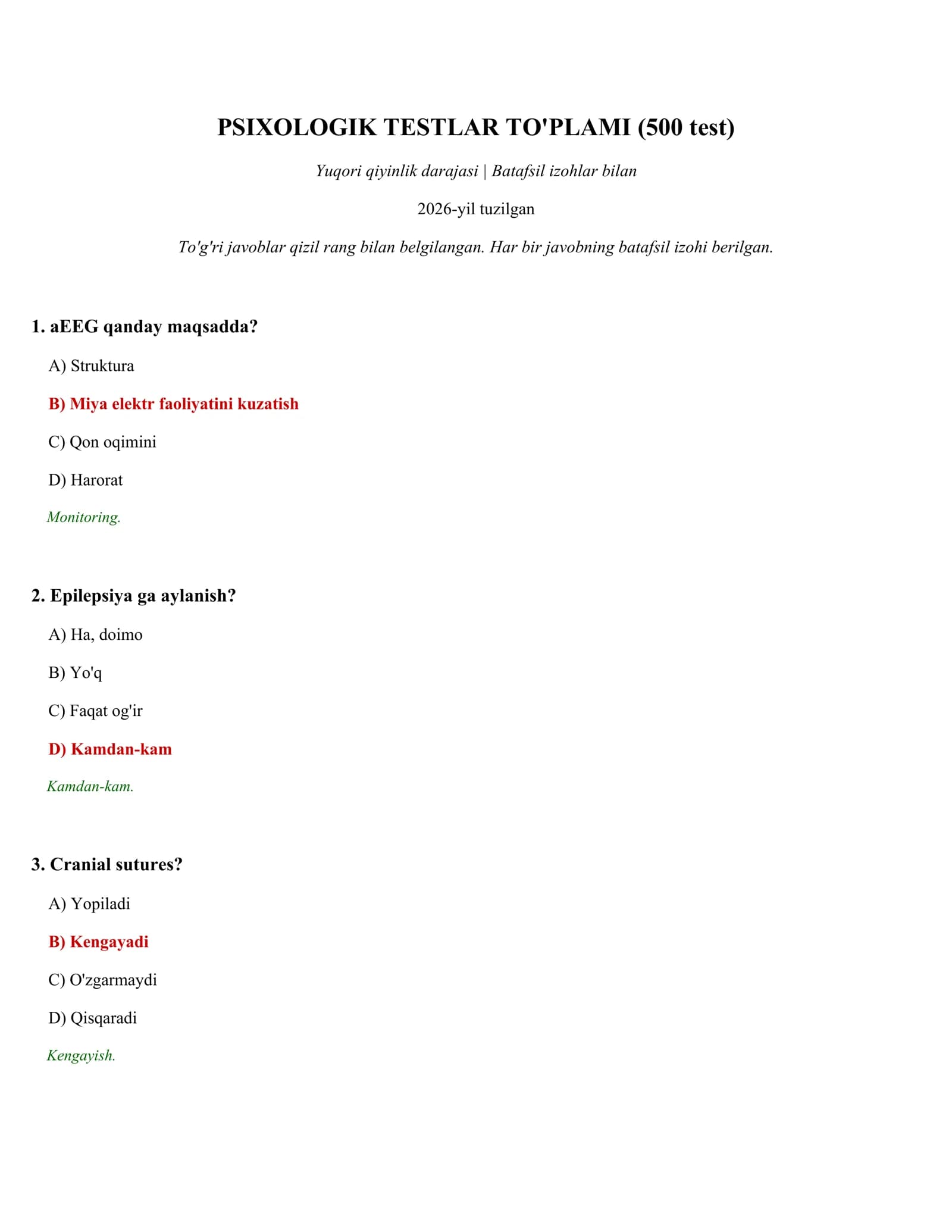 PSIXOLOGIK TESTLAR TO'PLAMI (500 test)