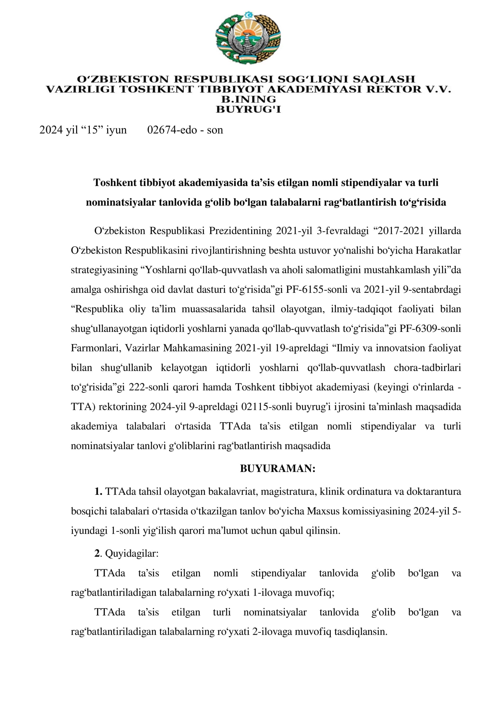 Nomli stipendiyalar va turli nominatsiyalar tanlovida g‘olib bo‘lgan talabalarni rag‘batlantirish to‘g‘risida