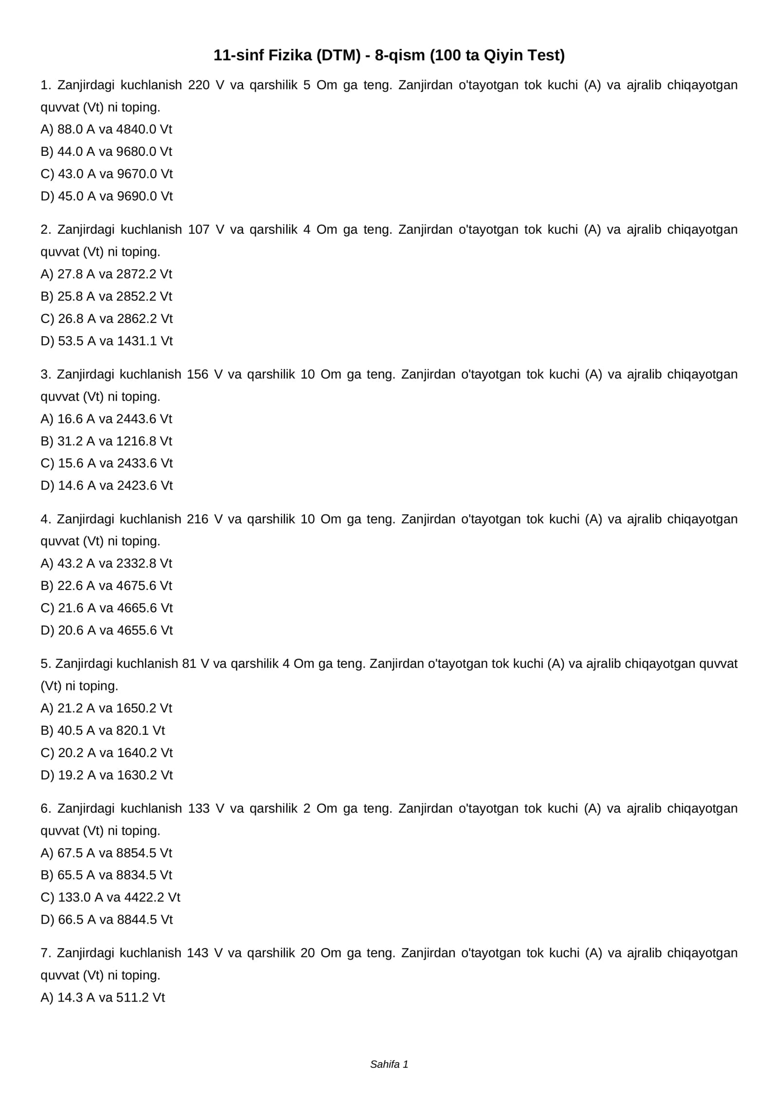 11-sinf Fizika (DTM) - 8-qism (100 ta Qiyin Test)