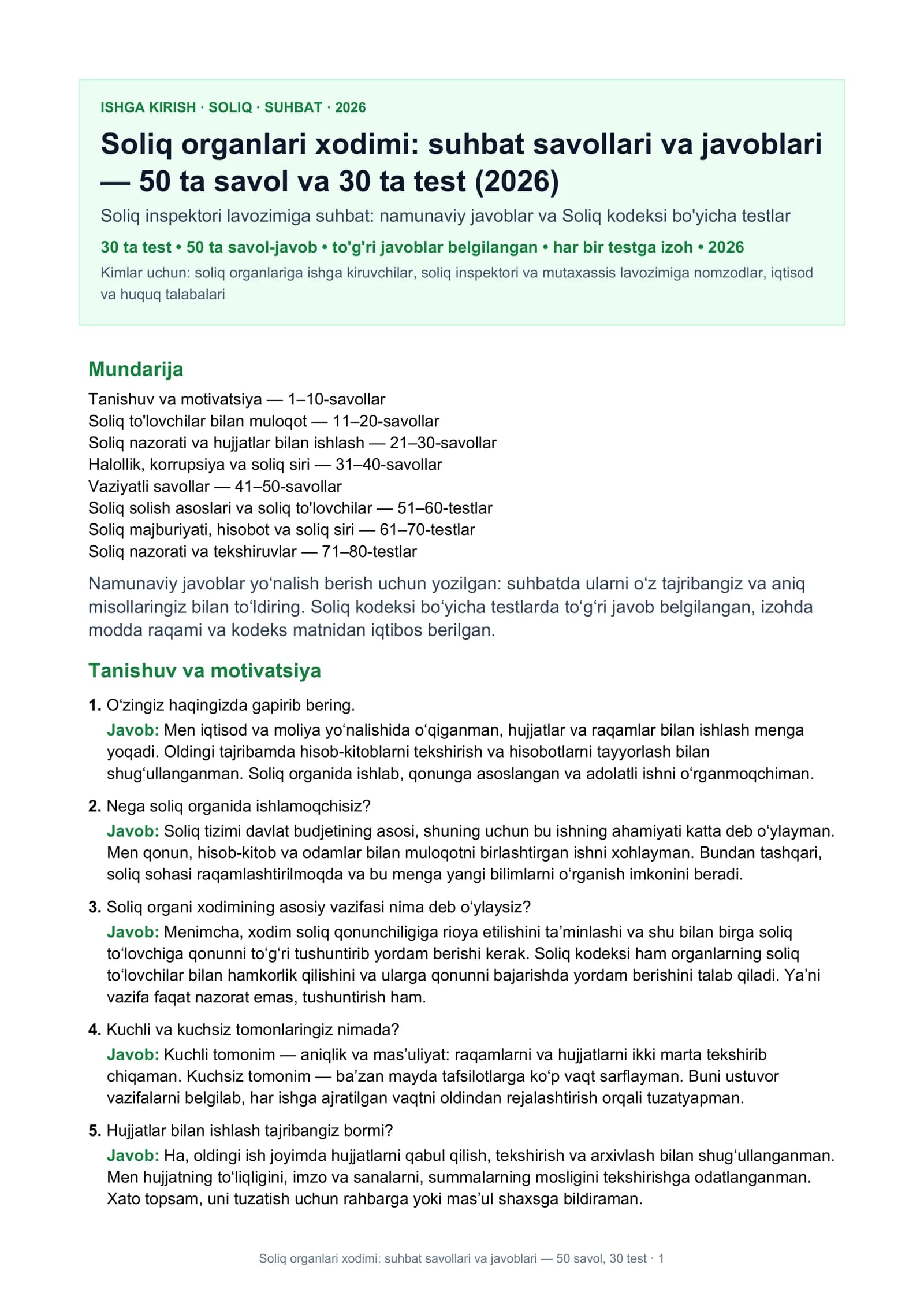 Soliq organlari xodimi: suhbat savollari va javoblari