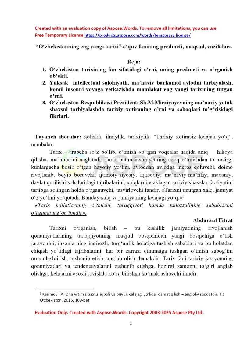O‘zbekistonning eng yangi tarixi o‘quv fanining predmeti, maqsad va vazifalari