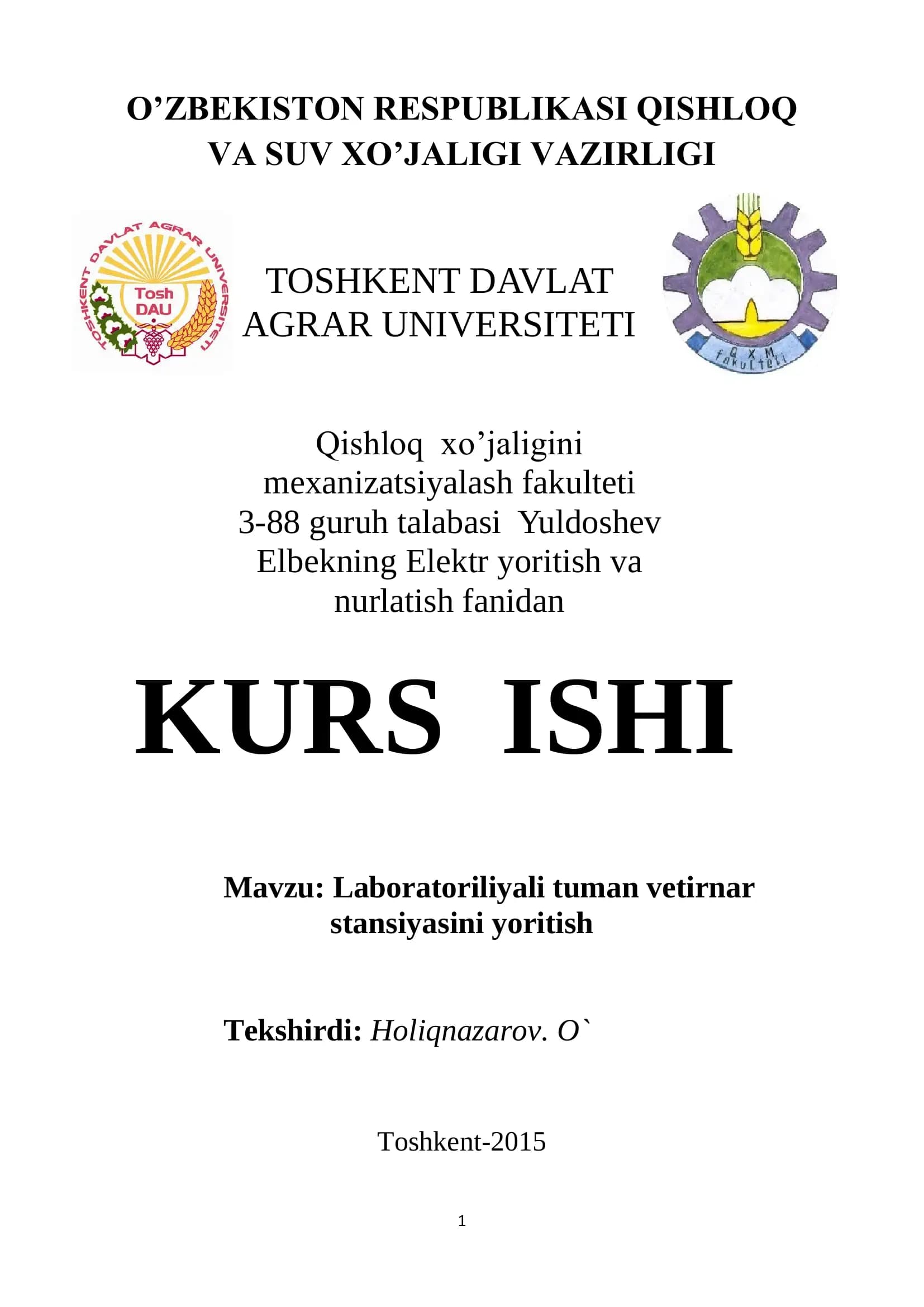 Laboratoriliyali tuman vetirnar stansiyasini yoritish