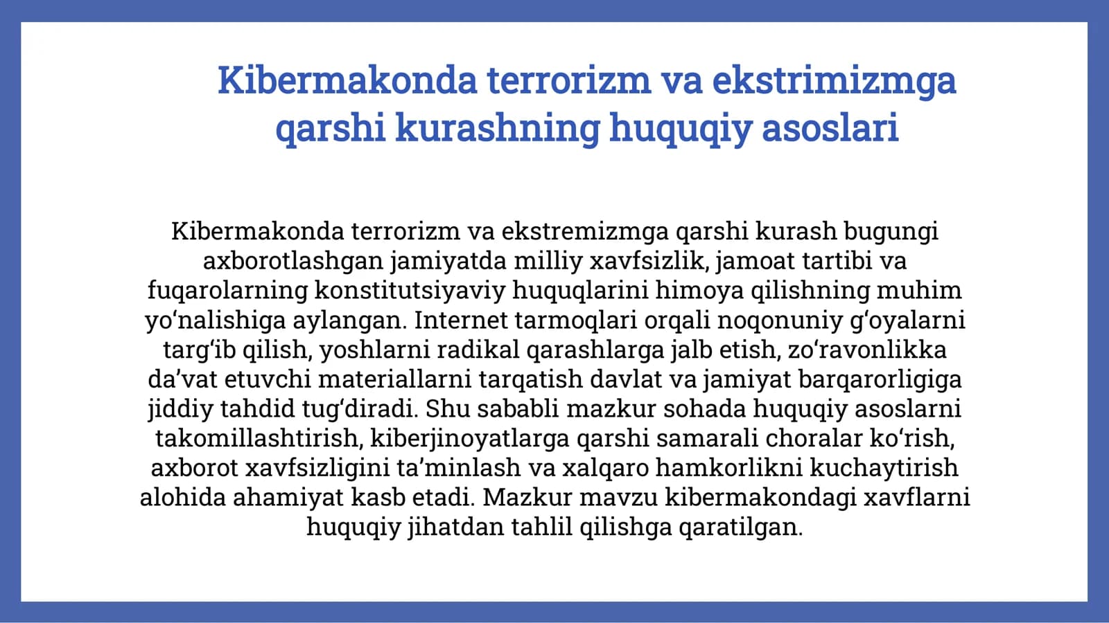 Kibermakonda terrorizm va ekstrimizmga qarshi kurashning huquqiy asoslari