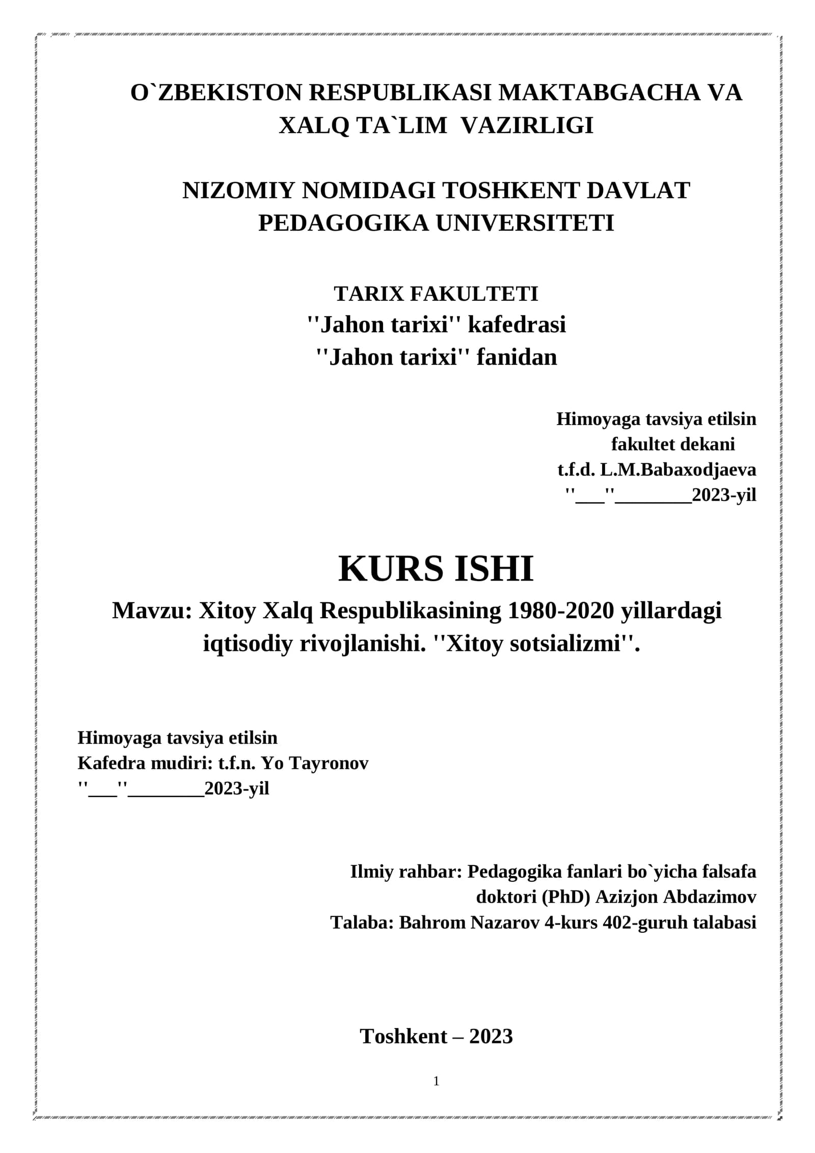 Xitoy Xalq Respublikasining 1980-2020 yillardagi iqtisodiy rivojlanishi. ''Xitoy sotsializmi''
