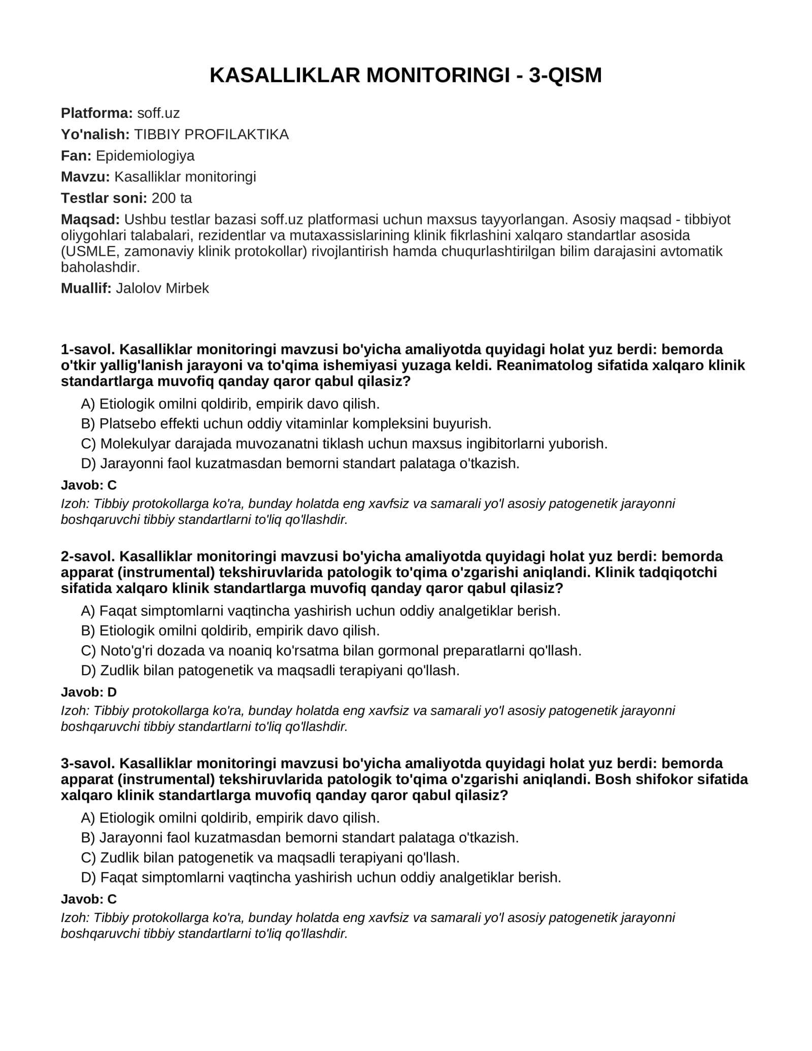 KASALLIKLAR MONITORINGI - 3-QISM