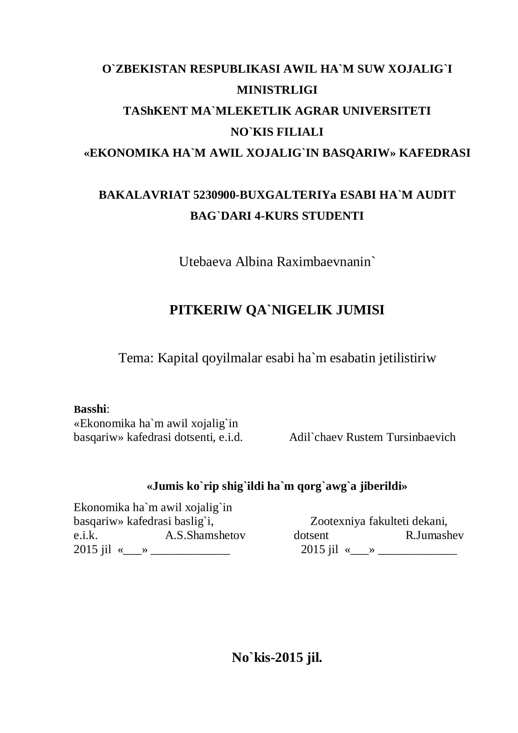 BUXGALTERIYa ESABI HA`M AUDIT BAG`DARI 4-KURS STUDENTI