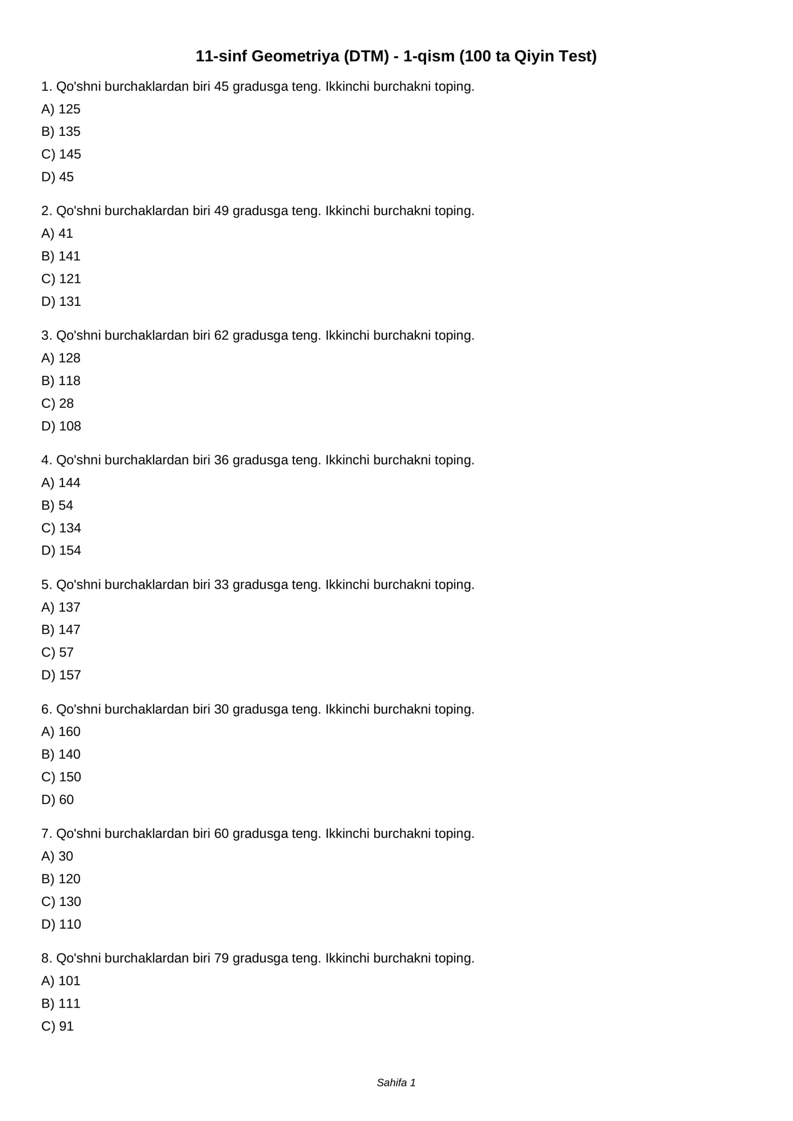 11-sinf Geometriya (DTM) - 1-qism (100 ta Qiyin Test)